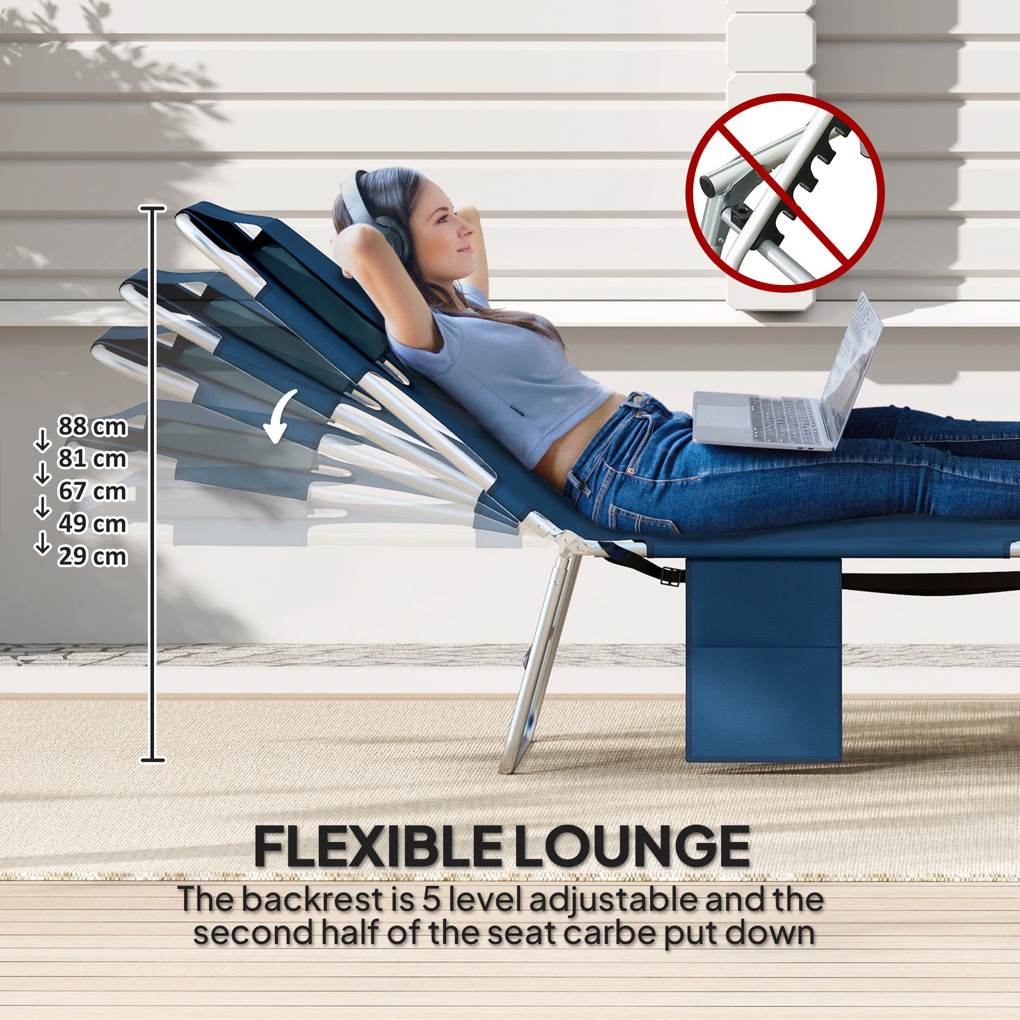 Folding Outdoor Chaise Lounge Sun Tanning Chair with Face Cavity, Pillow, 5-level Adjustable for Beach, Pool, Dark Blue