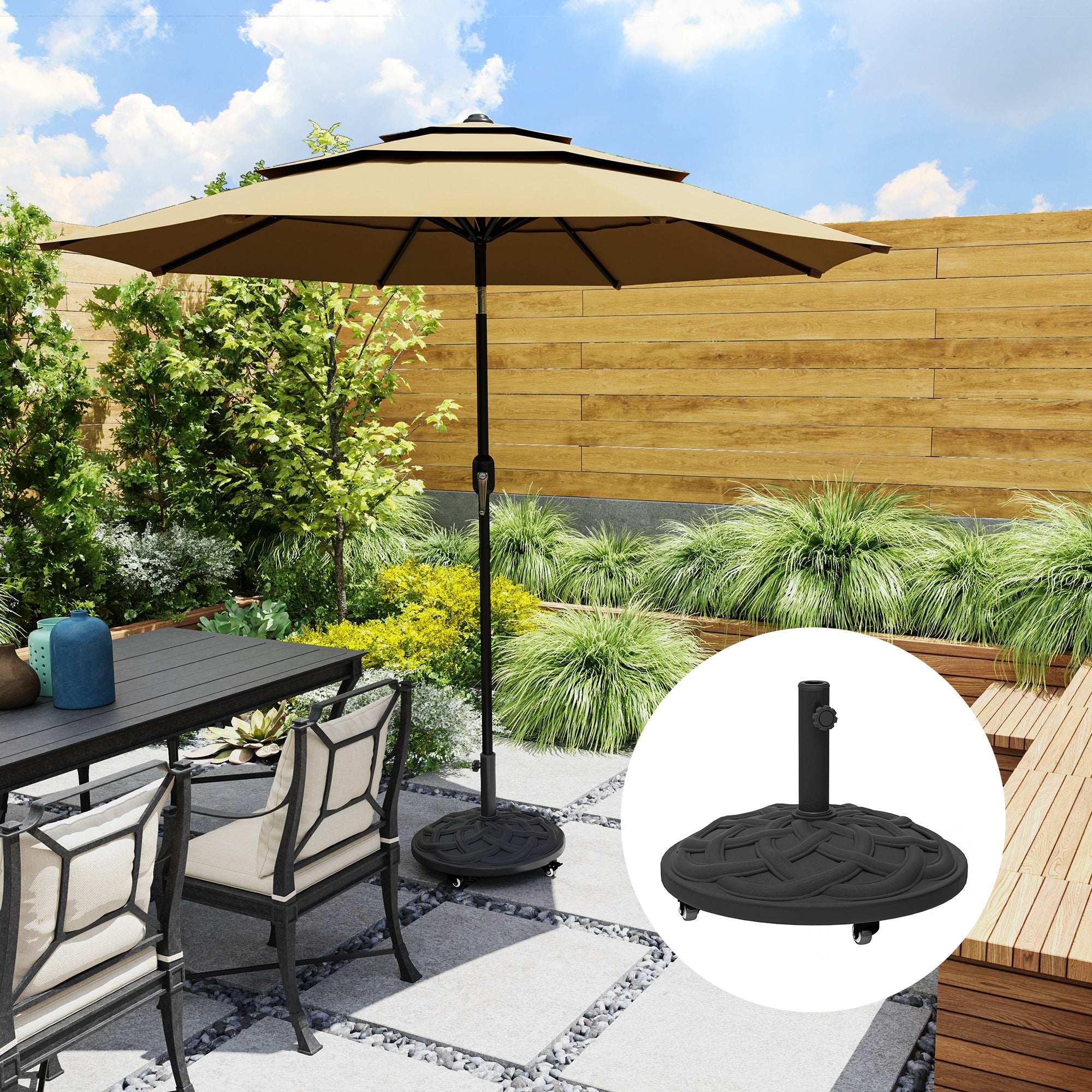 Round Patio Umbrella Base With Wheels, 44 Lbs Resin Umbrella Stand Base, Heavy Duty Patio Umbrella Holder For 1.3"/1.5"/1.9" Umbrella Poles For Outdoor, Lawn, Poolside, Black