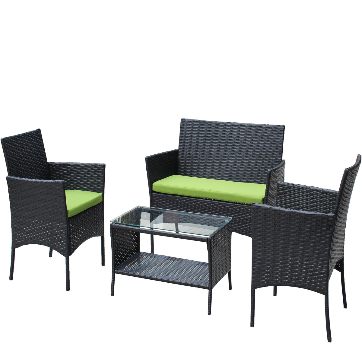 4 PC Rattan Patio Furniture Set with Cushions - Black and Green