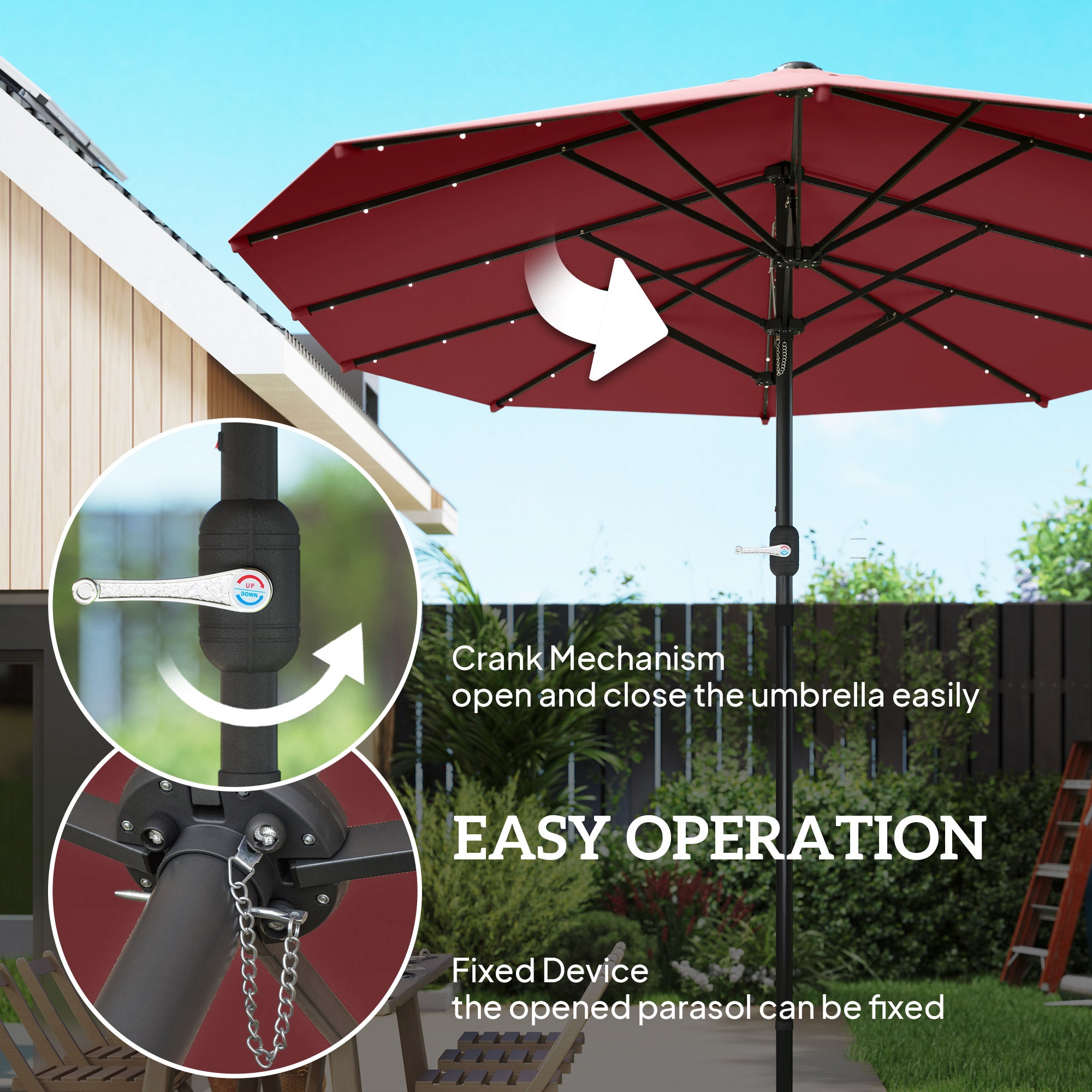 Garden Parasol 14.4ft Double-Sided Sun Umbrella with Base, Patio Parasol with LED Solar Lights, Wine Red