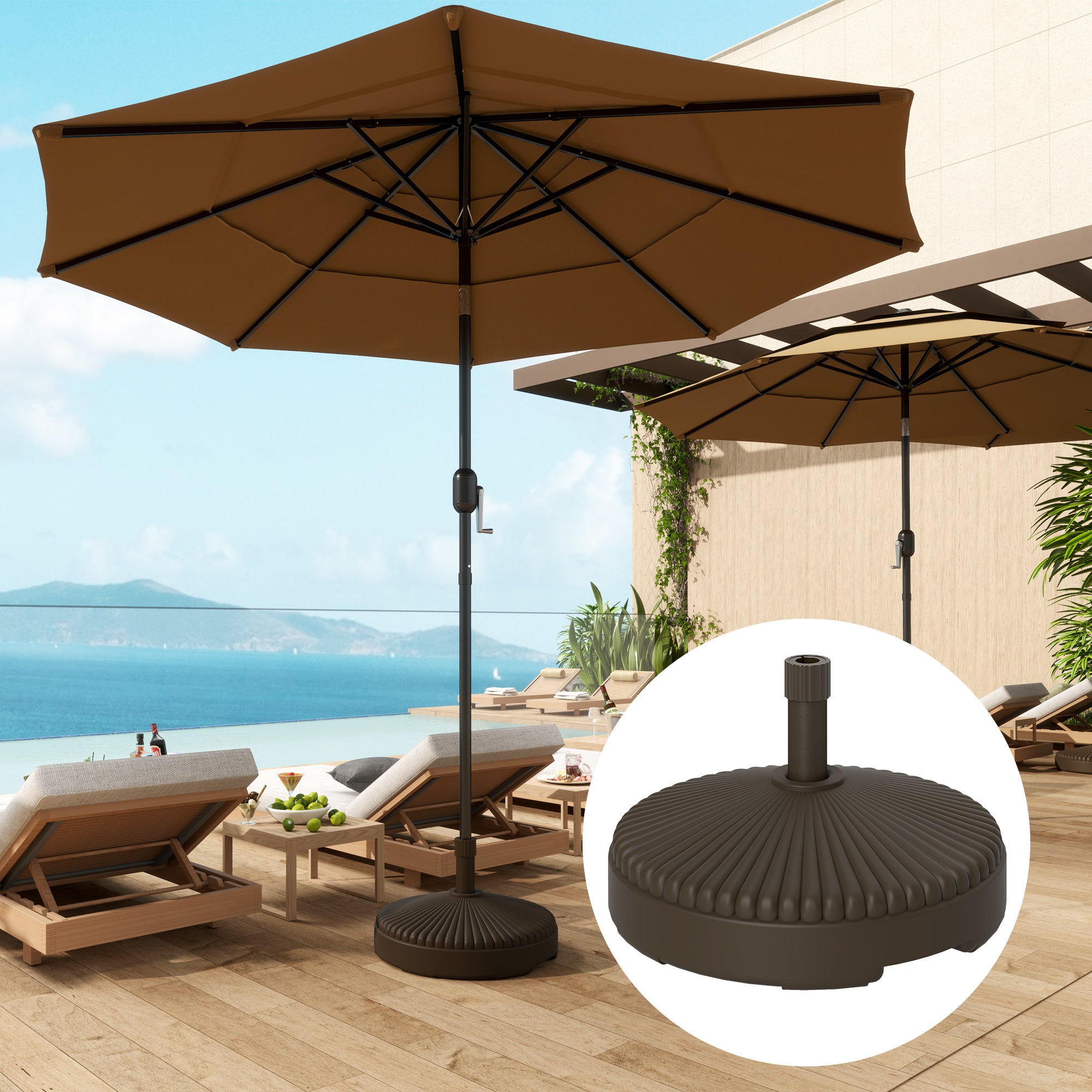 Round Patio Umbrella Base Holder, Heavy Duty Outdoor Umbrella Stand Base, Filled Up To 62lbs With Stand Or 51lbs With Water For Garden, Poolside, Brown