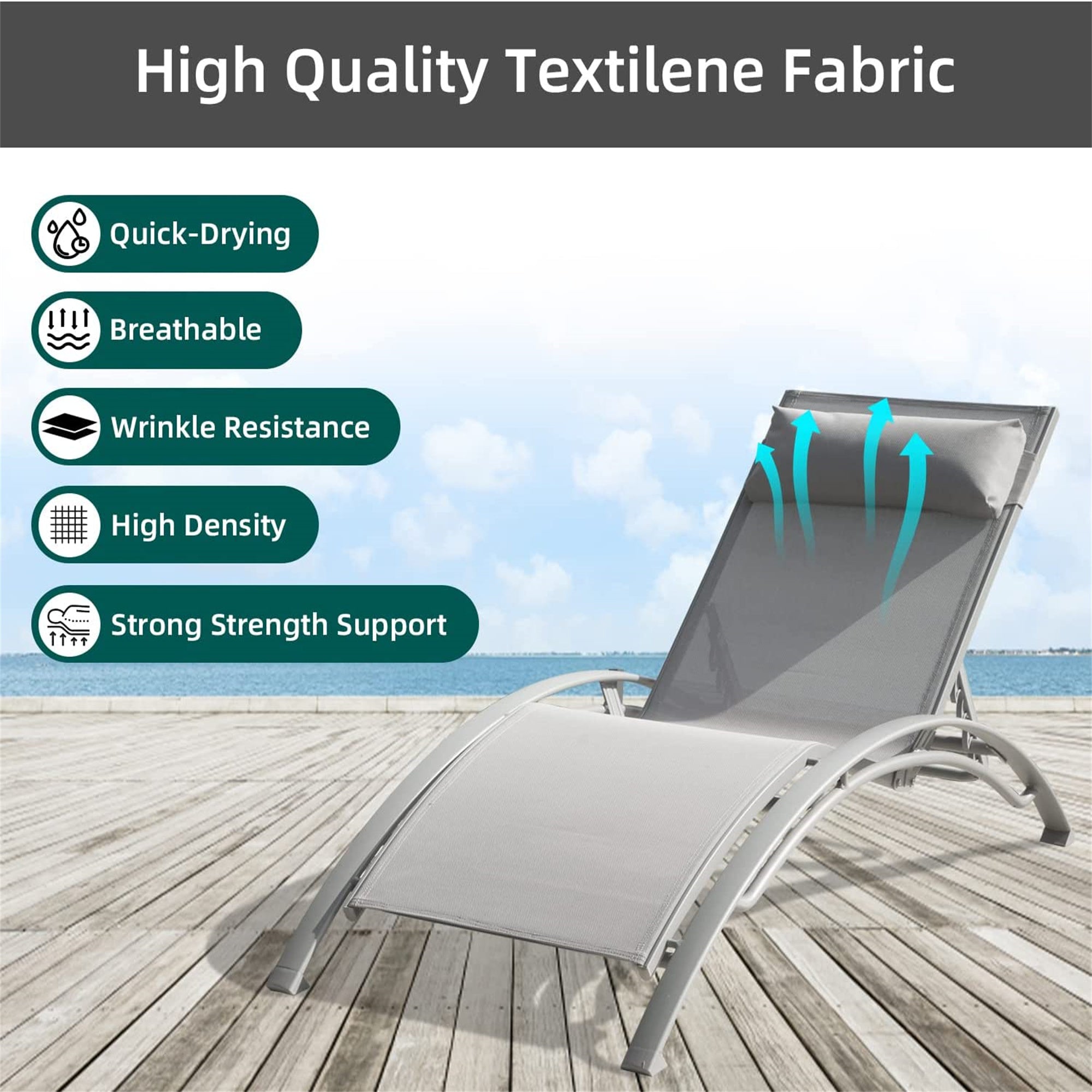 Pool Lounge Chairs Set Of 3, Adjustable Aluminum Outdoor Chaise Lounge Chairs With Metal Side Table, All Weather For Deck Lawn Poolside Grey,2 Lounge Chairs 1 Table