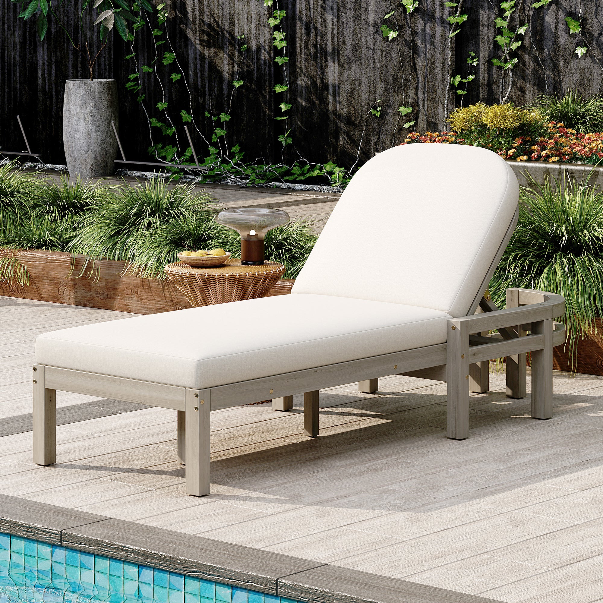 TREXM Outdoor Chaise Lounge Premium Acacia Wood Patio Recliner With Arched Backrest 5-Position Adjustable Backrest Outdoor Lounge Chair For Poolside Deck & Lawn Gray