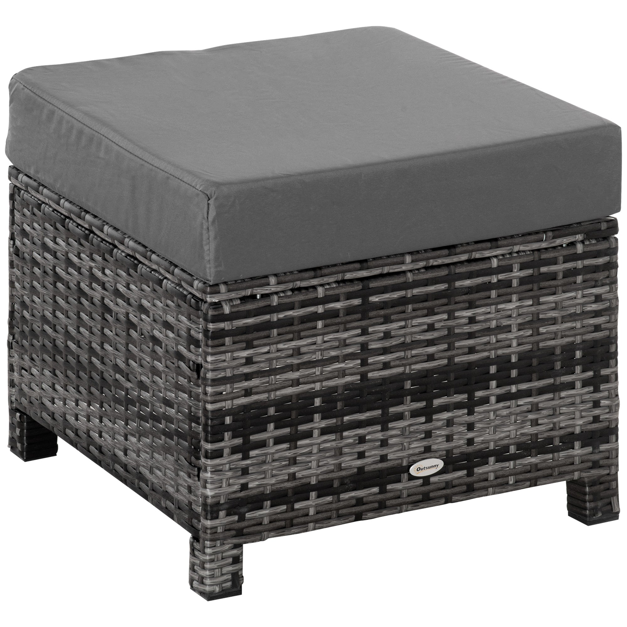 Rattan Footstool Wicker Ottoman With Padded Seat Cushion Outdoor Patio Furniture For Garden Poolside Living Room, 50 X 50 X 35 Cm, Grey