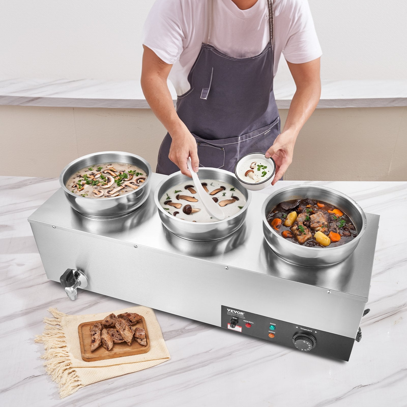 Electric Soup Warmer, Three 7.4QT Stainless Steel Round Pot 86~185°F Adjustable Temp, 1200W Commercial Bain Marie With Anti-dry Burn And Reset Button, Soup Station For Restaurant, Buffet, Silver