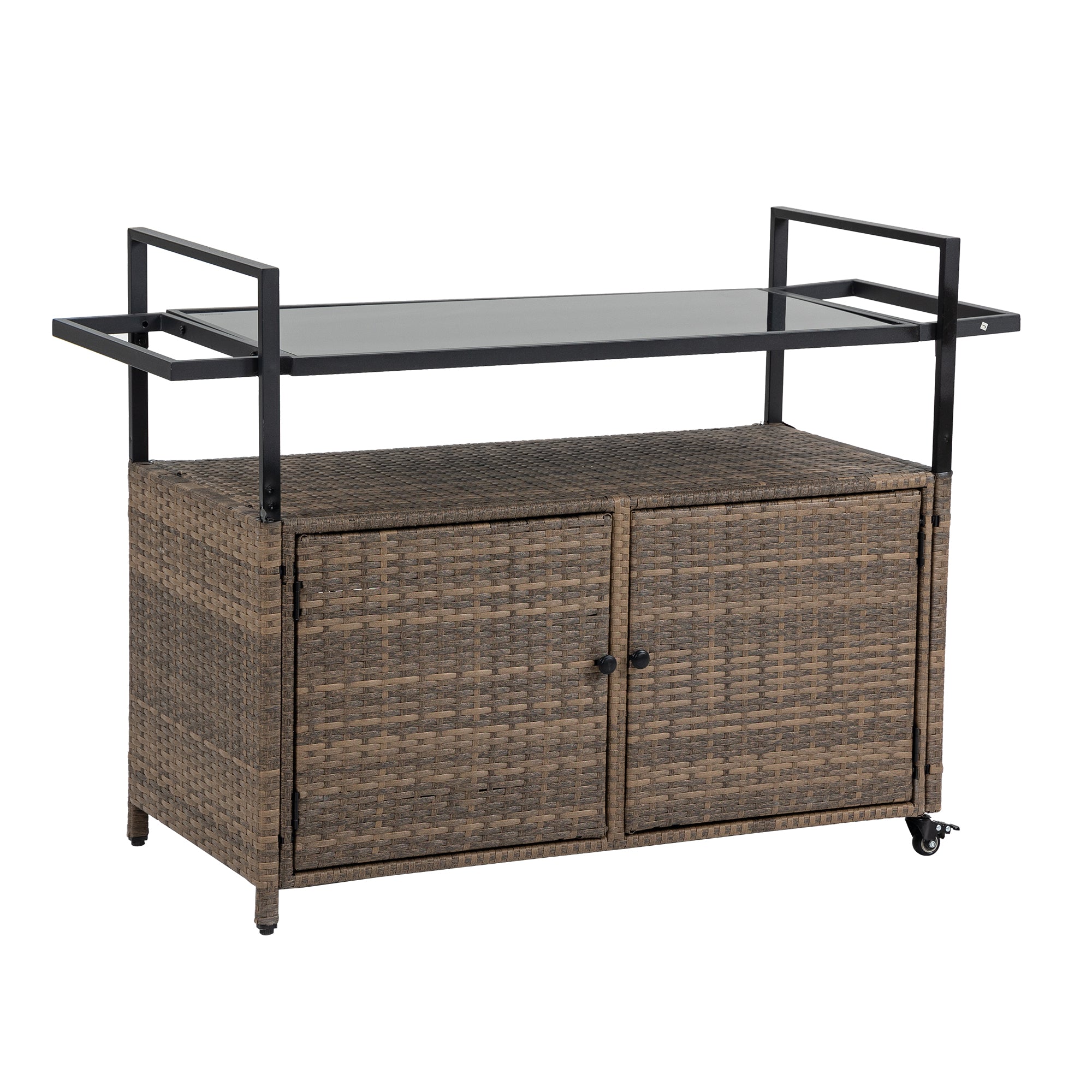 Outdoor Wicker Bar Cart, Patio Wine Serving Cart W Wheels , Rolling Rattan Beverage Bar Counter Table W Glass Top For Porch Backyard Garden Poolside Party, Light Brown