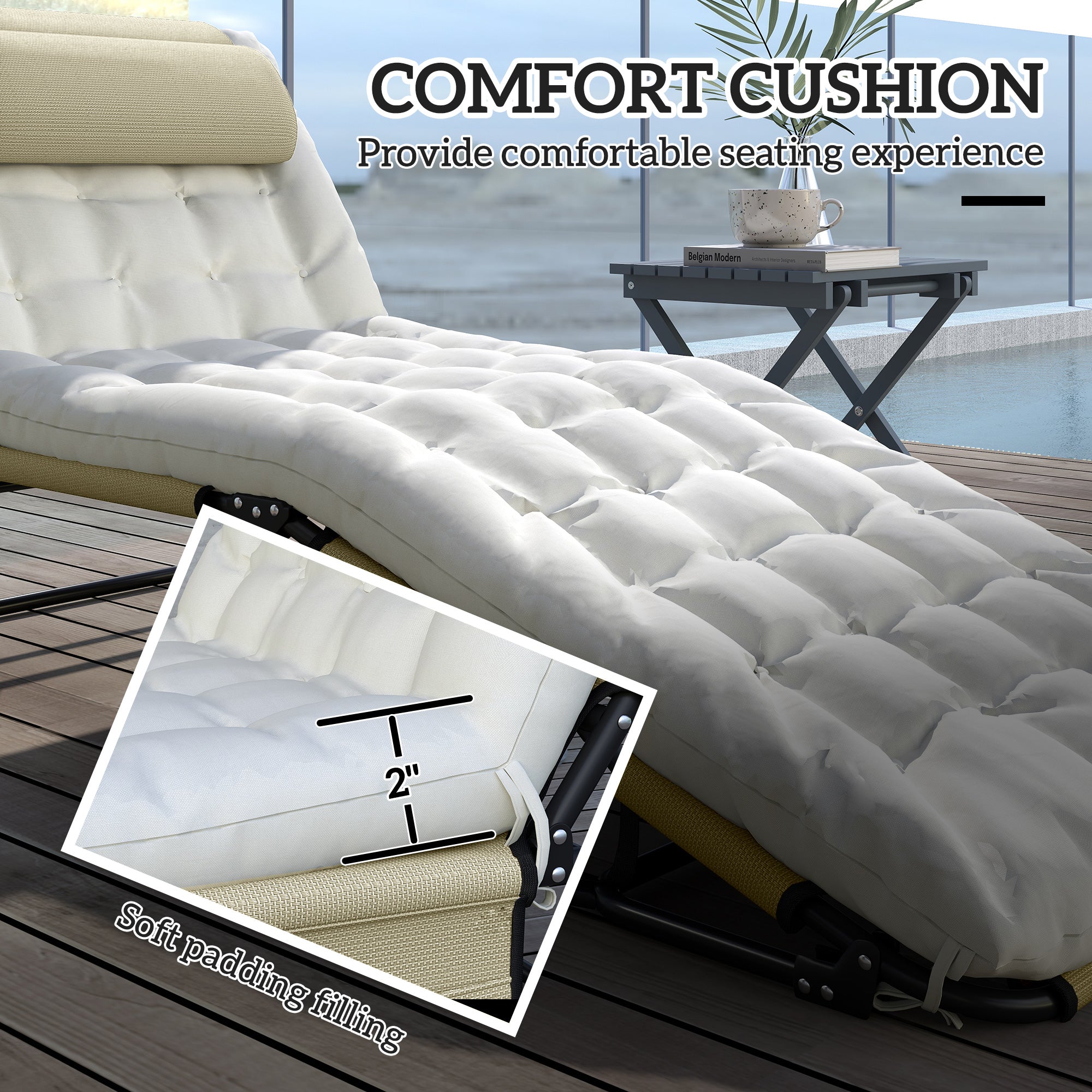Folding Chaise Lounge Pool Chair with 4-level Reclining Back, Cushion, Side Pocket, Headrest, Beige
