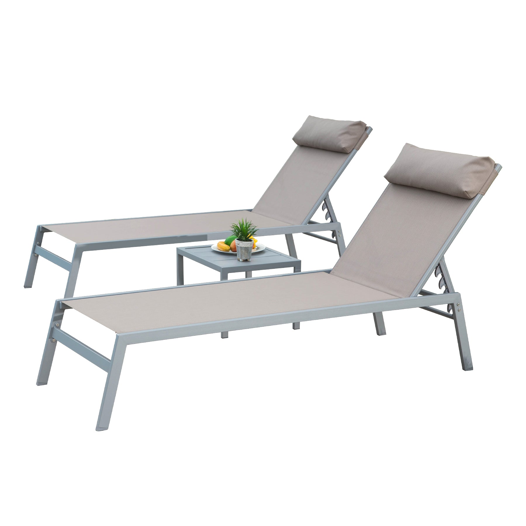 Patio Chaise Lounge Set Of 3, Aluminum Lounge Chairs With 5 Adjustable Positions, Outdoor Chaise Lounge For Pool, Deck, Garden, Backyard, Sunbathing Khaki,2 Lounge Chairs 1 Table