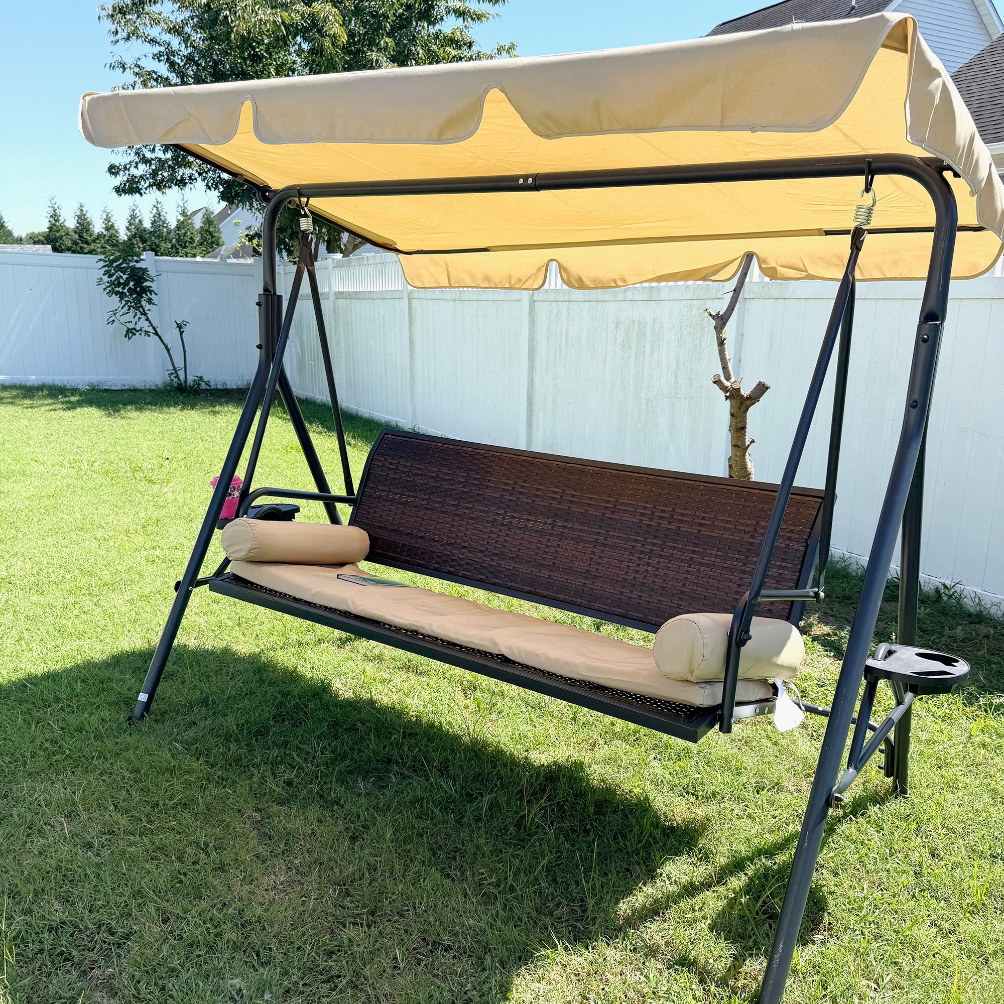 3-Seat Patio Swing Chair, Outdoor Canopy Swing Glider with Removable Cushion, Pillows, Adjustable Shade, and Rattan Seat, for Porch, Garden, Poolside, Backyard