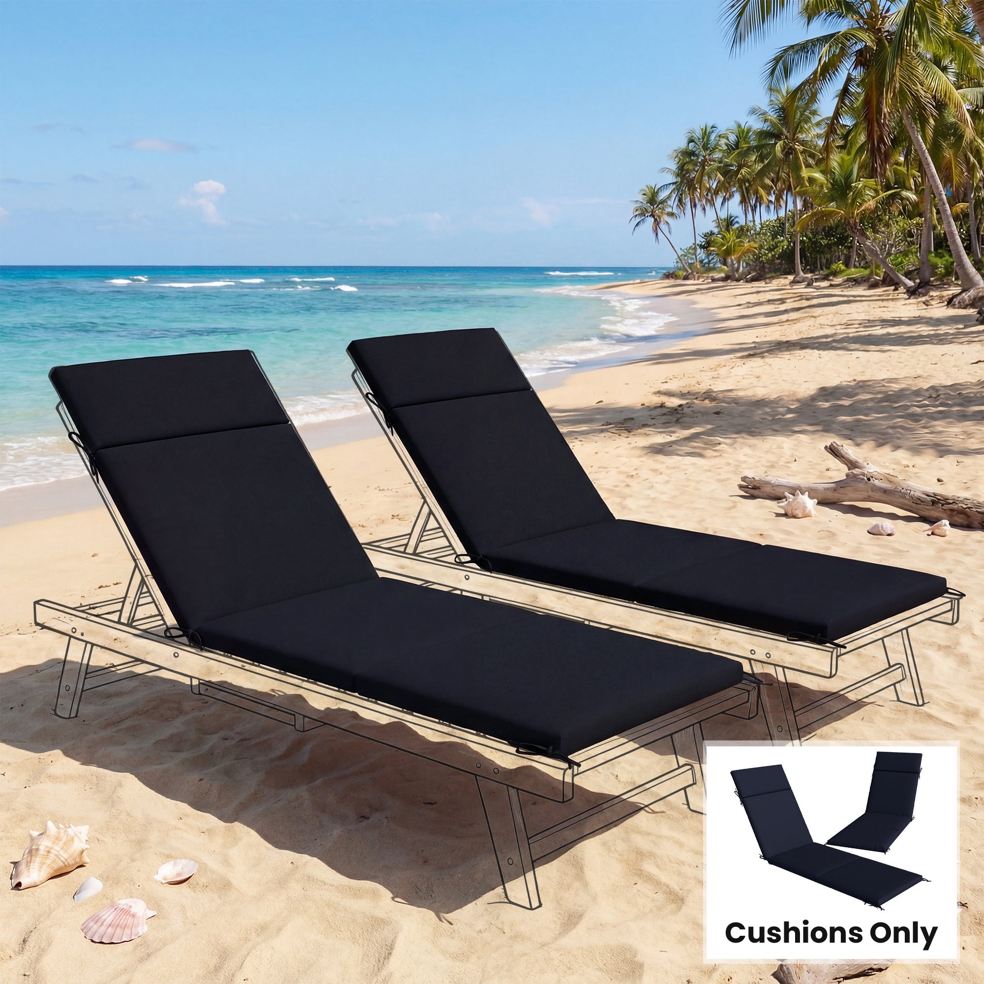 Outdoor Chaise Lounge Cushions Set of 2 with 6 Ties, High-Density Foam, for Patio and Poolside, Navy Blue
