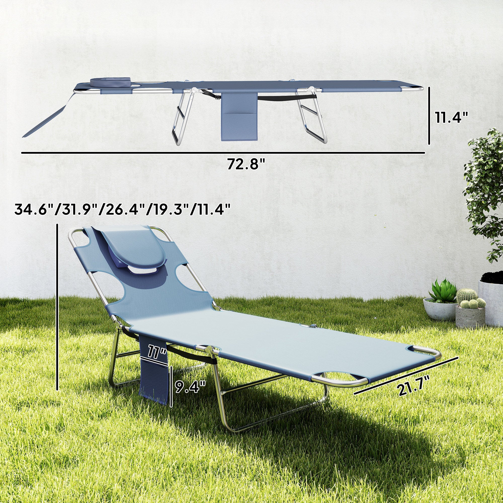 Folding Outdoor Chaise Lounge Sun Tanning Chair with Face Cavity, Pillow, 5-level Adjustable for Beach, Pool, Gray
