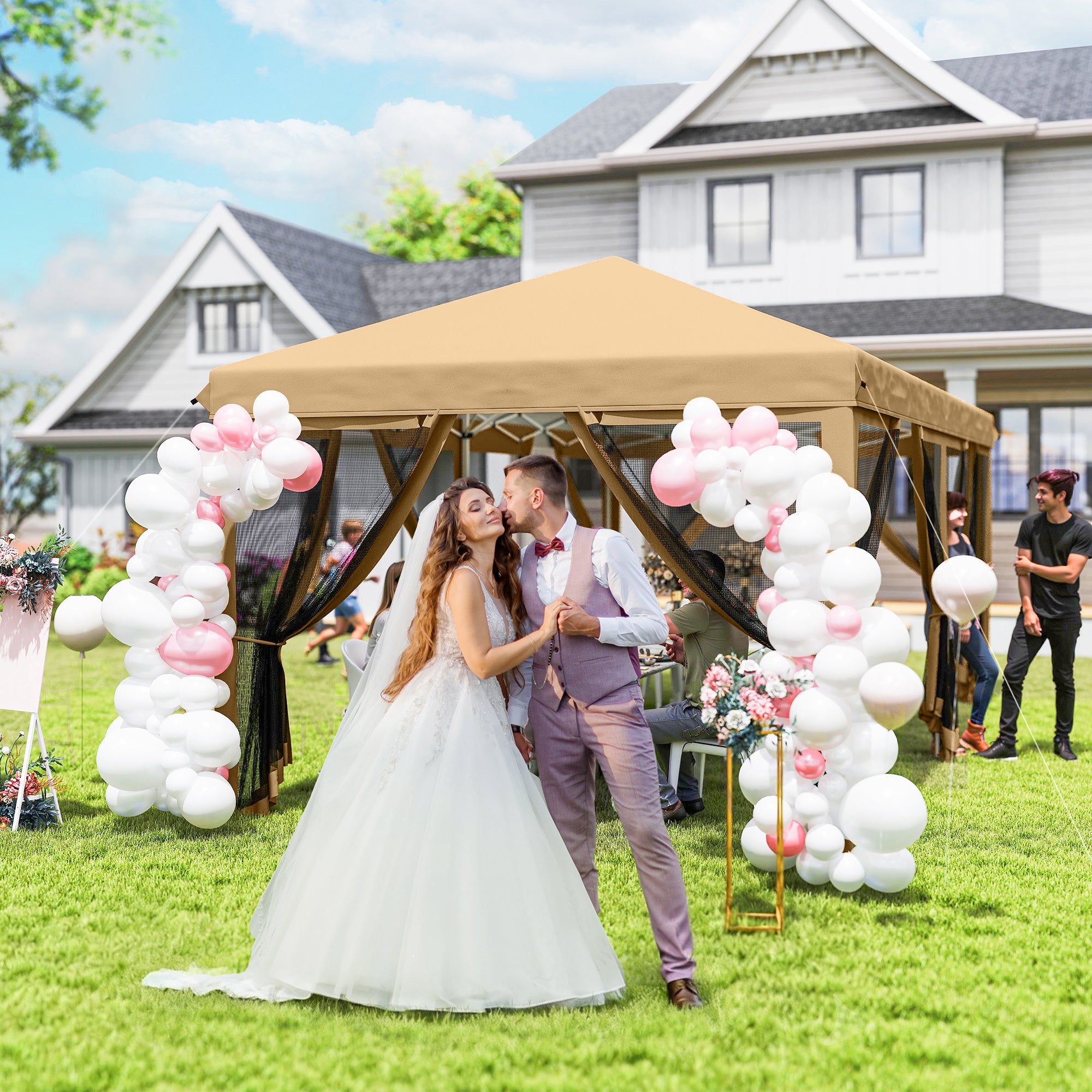 10โ x 20โ Pop Up Canopy Tent with Netting, Heavy Duty Instant Sun Shelter, Large Tents for Parties with Carry Bag for Outdoor, Garden, Patio, Beige