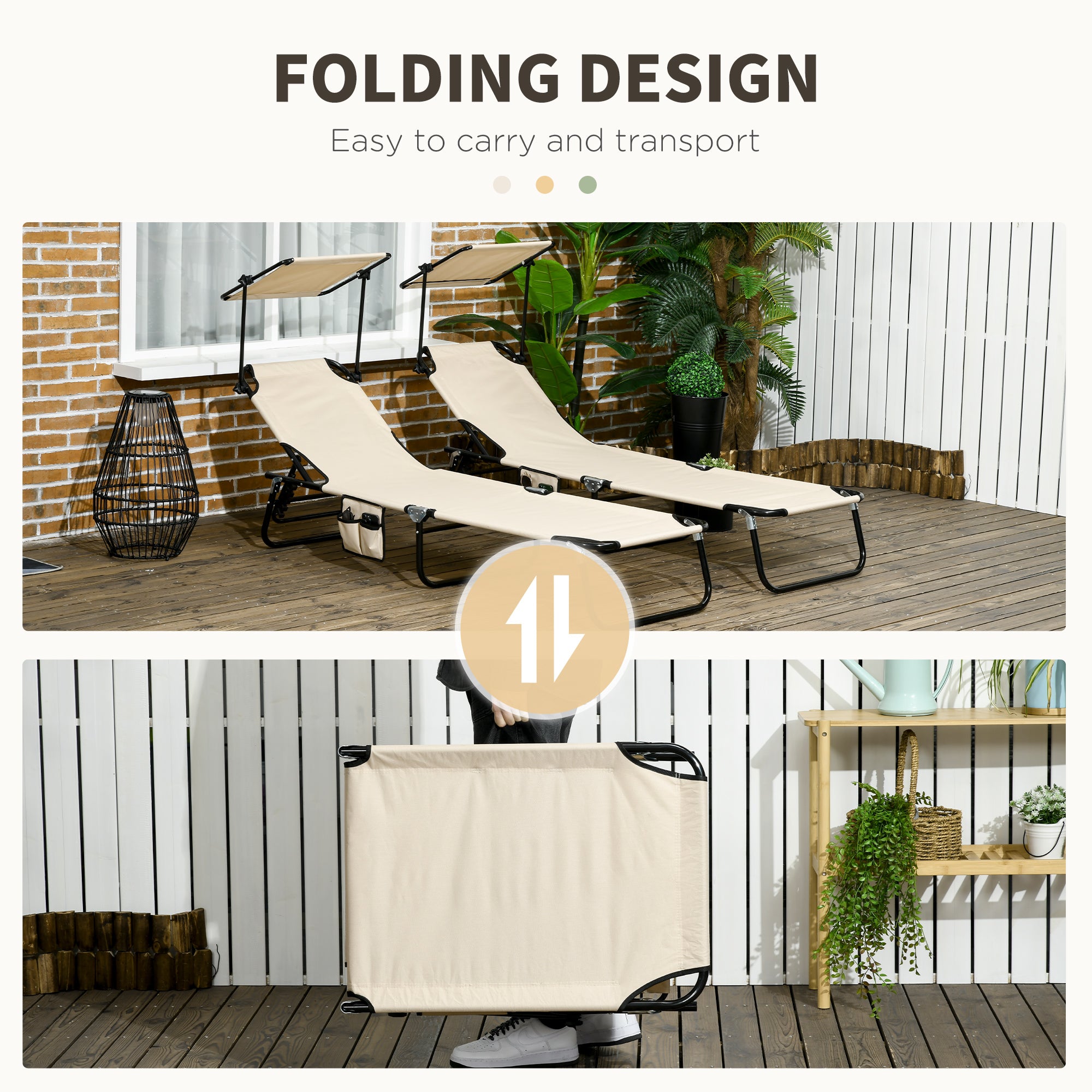 Folding Chaise Lounge Pool Lounge Chairs Set of 2, Outdoor Sun Tanning Chairs with Canopy Shade, Reclining Back, Steel Frame and Side Pocket for Beach, Yard, Patio, Tan