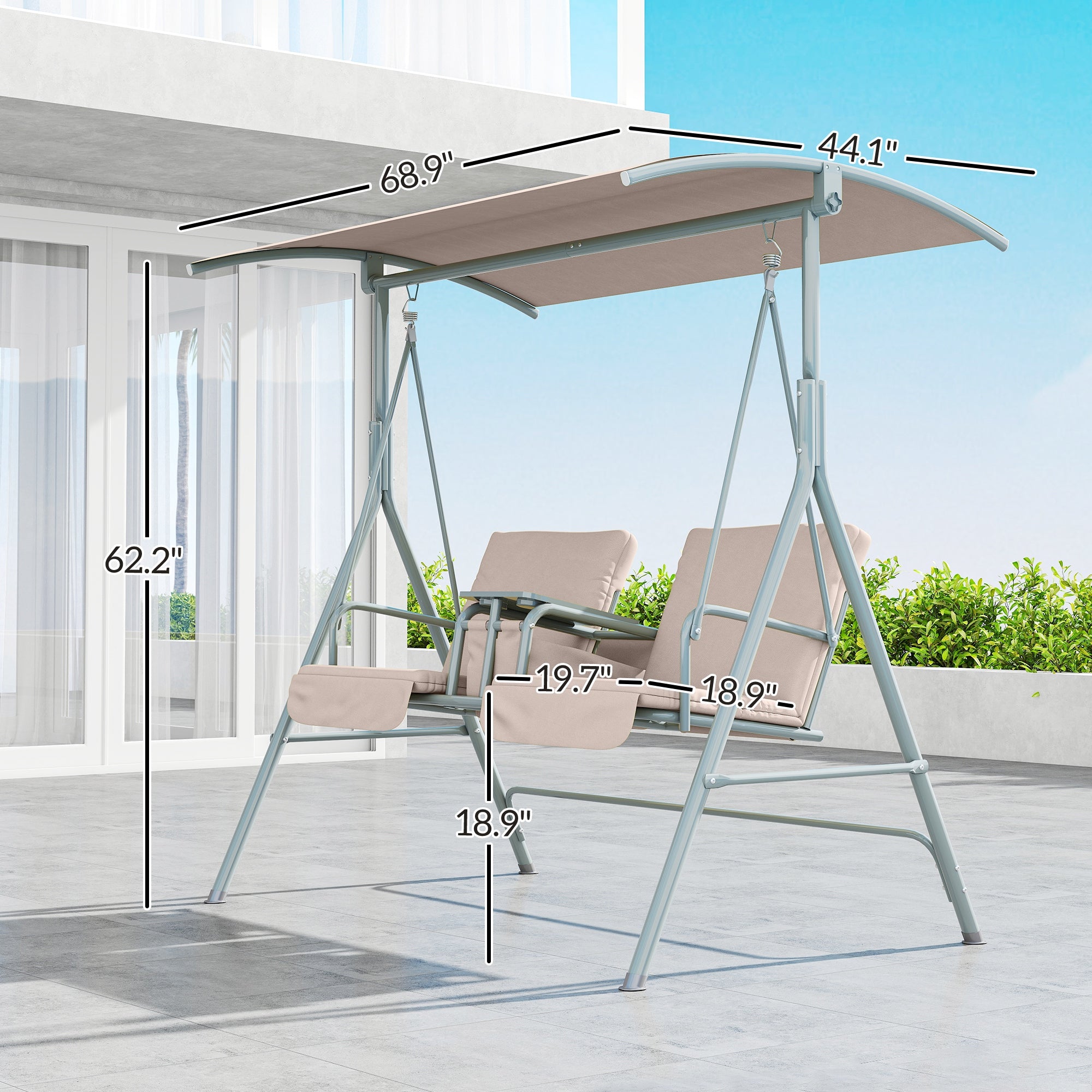 2-Seater Outdoor Porch Swing with Canopy and Table, Patio Swing Chair for Garden, Poolside, Backyard, Beige