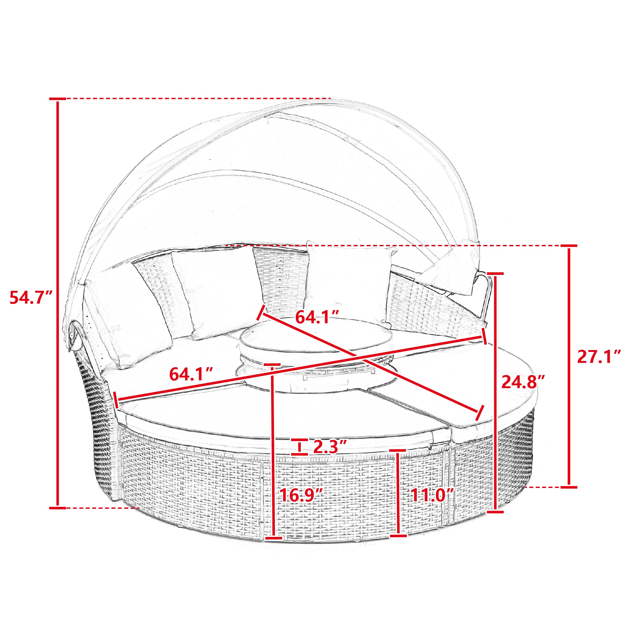 Hot Sale KD Rattan Round Lounge With Canopy Bali Canopy Bed Outdoor, Wicker Outdoor Sofa Bed With Lift Coffee Table