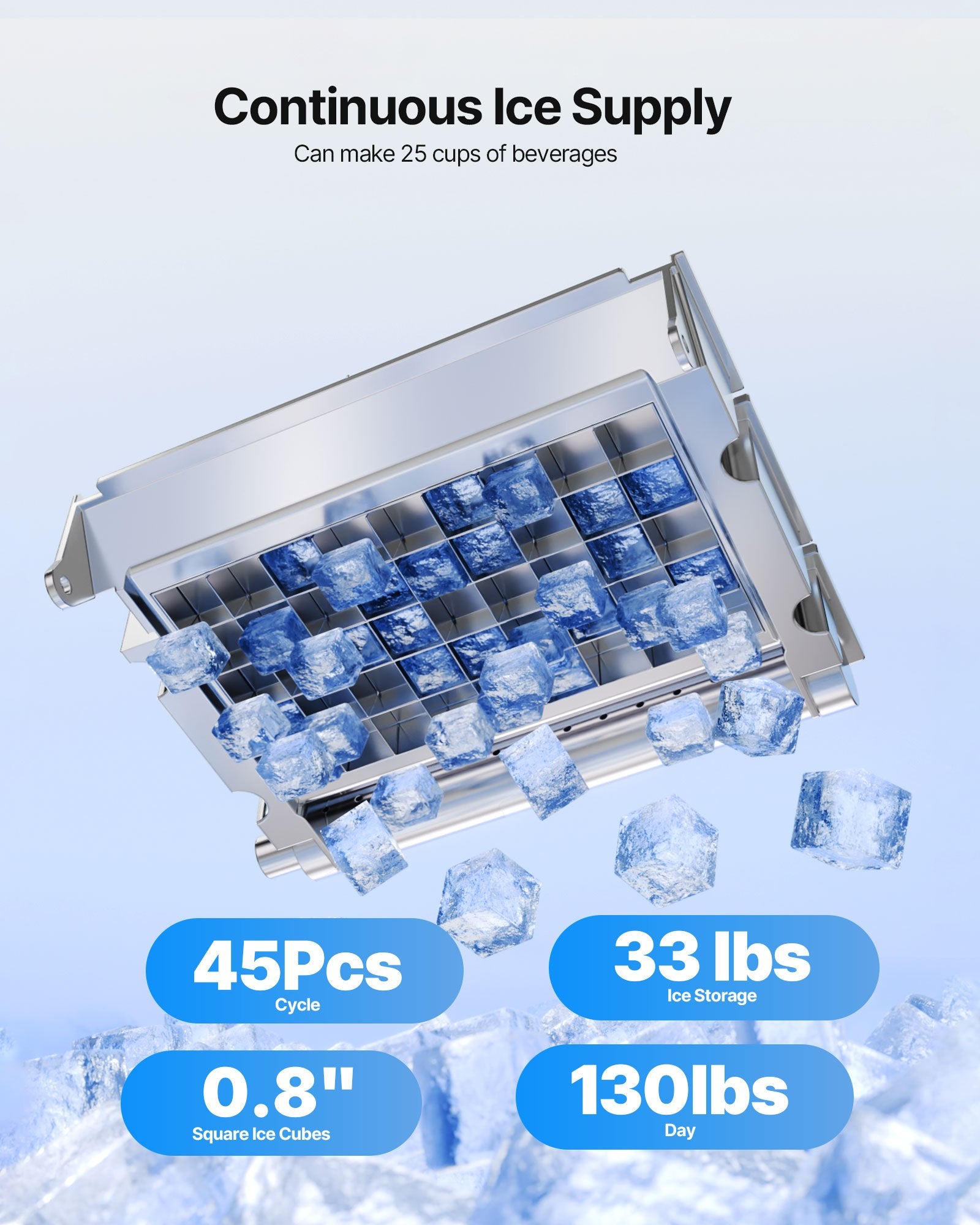 Commercial Ice Maker Machine, 130Lbs/24H With 33Lbs Storage, 45 Cubes Per Cycle, Stainless Steel Freestanding & Under Counter Ice Maker With LED Display & Self-Cleaning, For Home Bar Restaurant