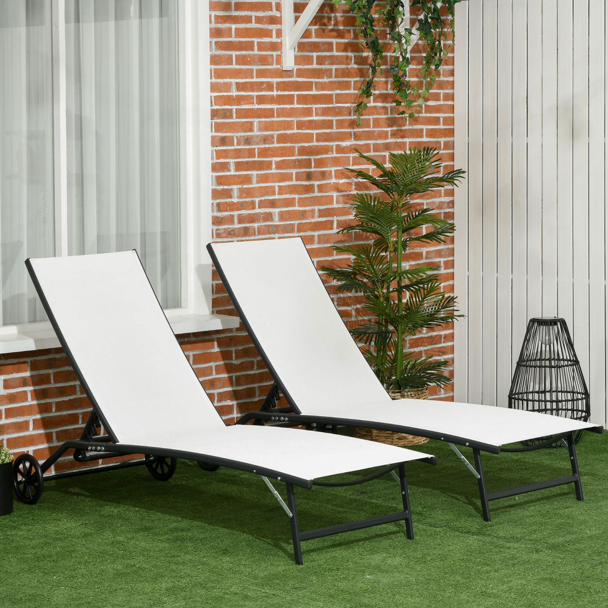 Chaise Lounge Outdoor, 2 Piece Lounge Chair with Wheels, Tanning Chair with 5 Adjustable Positions for Patio, Beach, Yard, Pool, Cream White