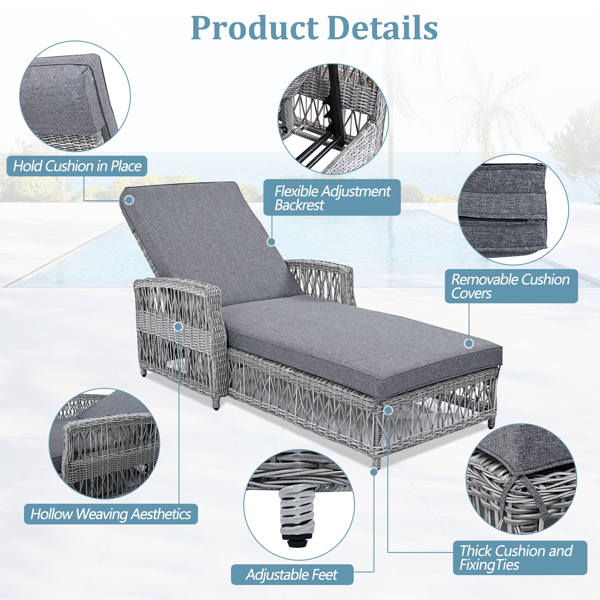 GO Outdoor Long Reclining Chaise, Wicker Lounge With Armrests, Patio Adjustable Recliner With Soft Removable Cushions, All Weather Rattan Pool Lounge For Poolside & Garden, Gray