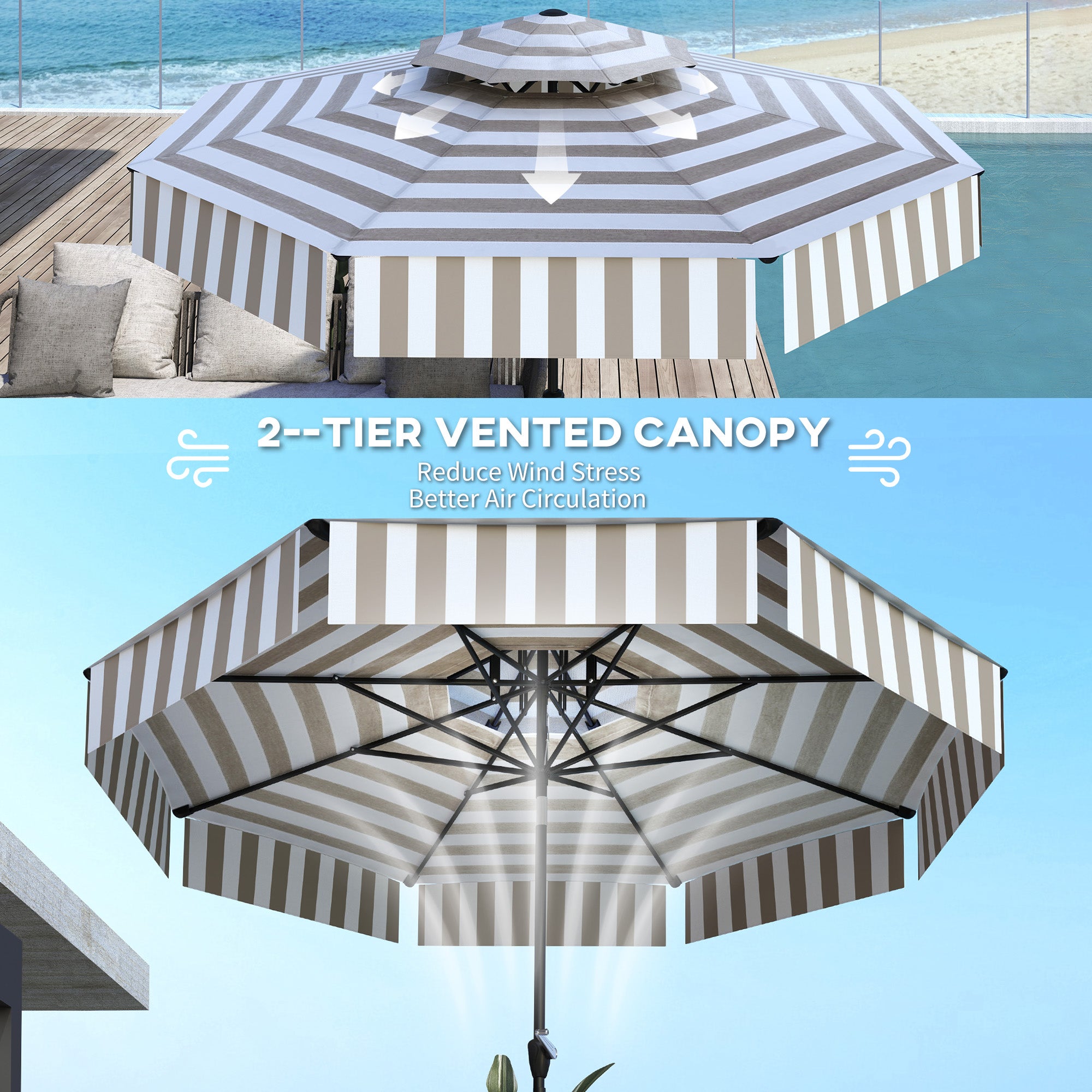 8.6FT Patio Umbrella, Outdoor Market Umbrella, 2-Tier Vented Patio Table Umbrella With Crank 8 Ribs, Tiltable Porch Umbrella For Garden Deck Poolside, Light Gray