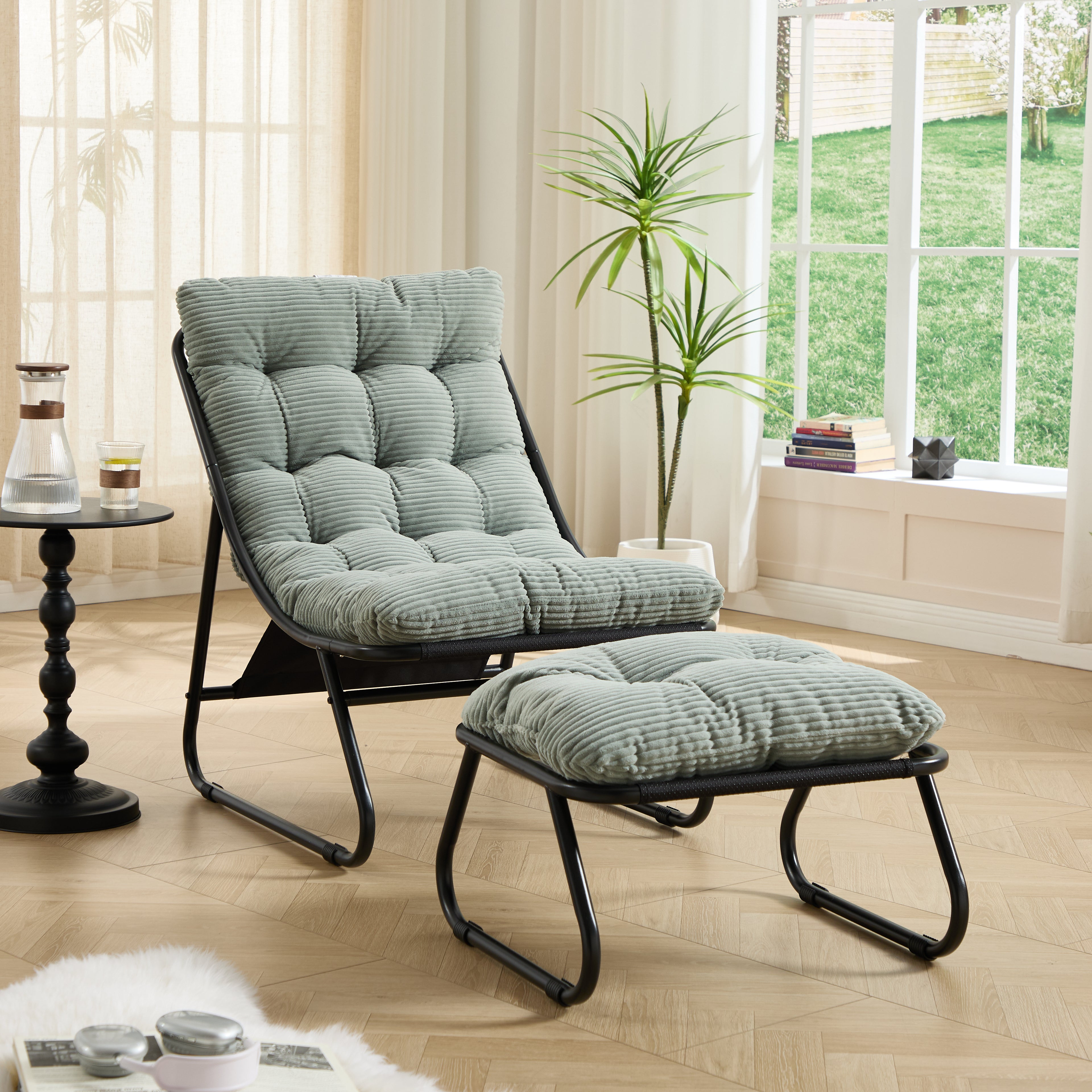 Patio Outdoor Lounge Chair With Ottoman, Comfy Sling Recliner Chair With Puffy Cushion And Foot Stool, Ideal For Living Room, Bedroom, Reading Room, Black Frame With Light Green Cushion