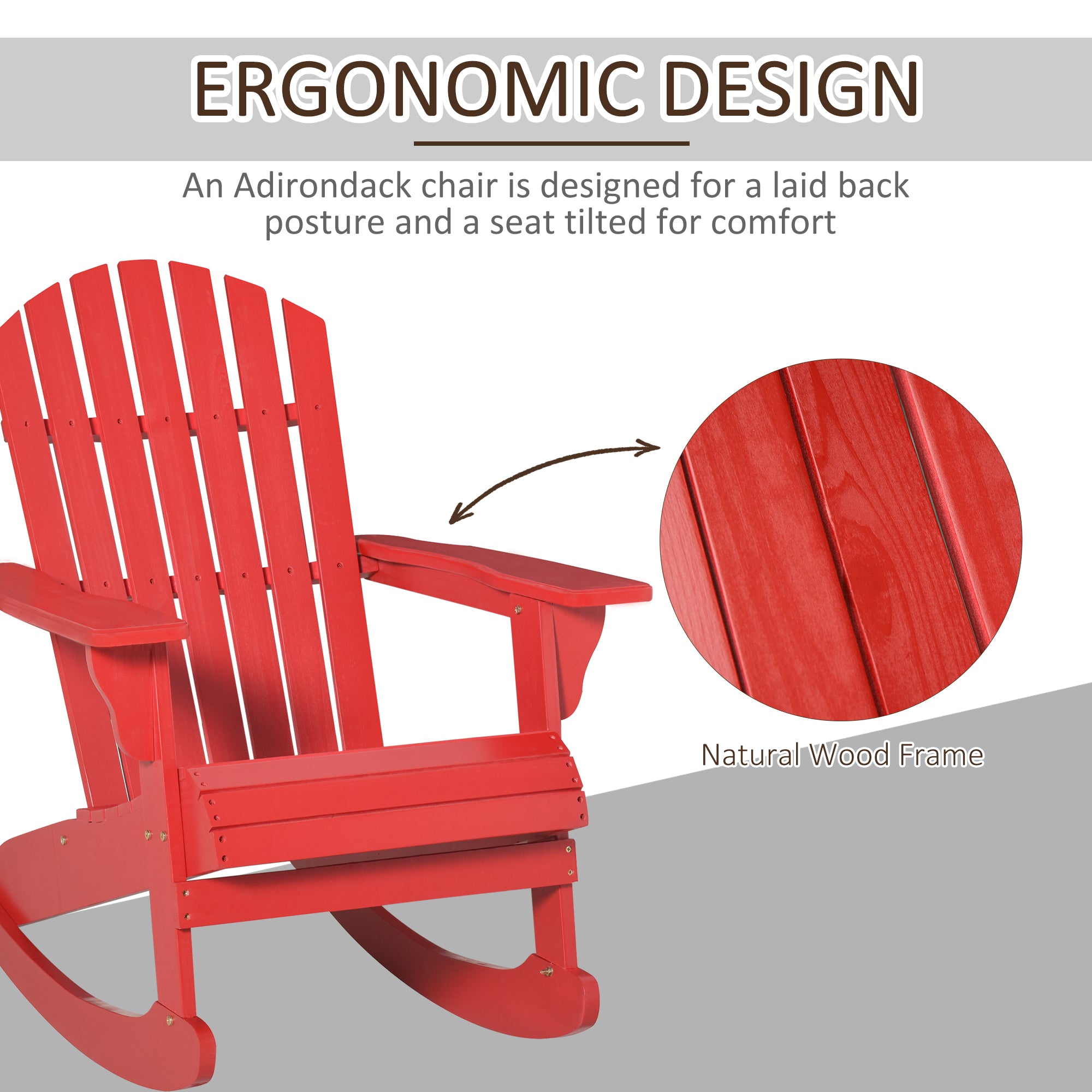 Wooden Adirondack Rocking Chair Outdoor Lounge Chair Fire Pit Seating with Slatted Wooden Design, Fanned Back, Red