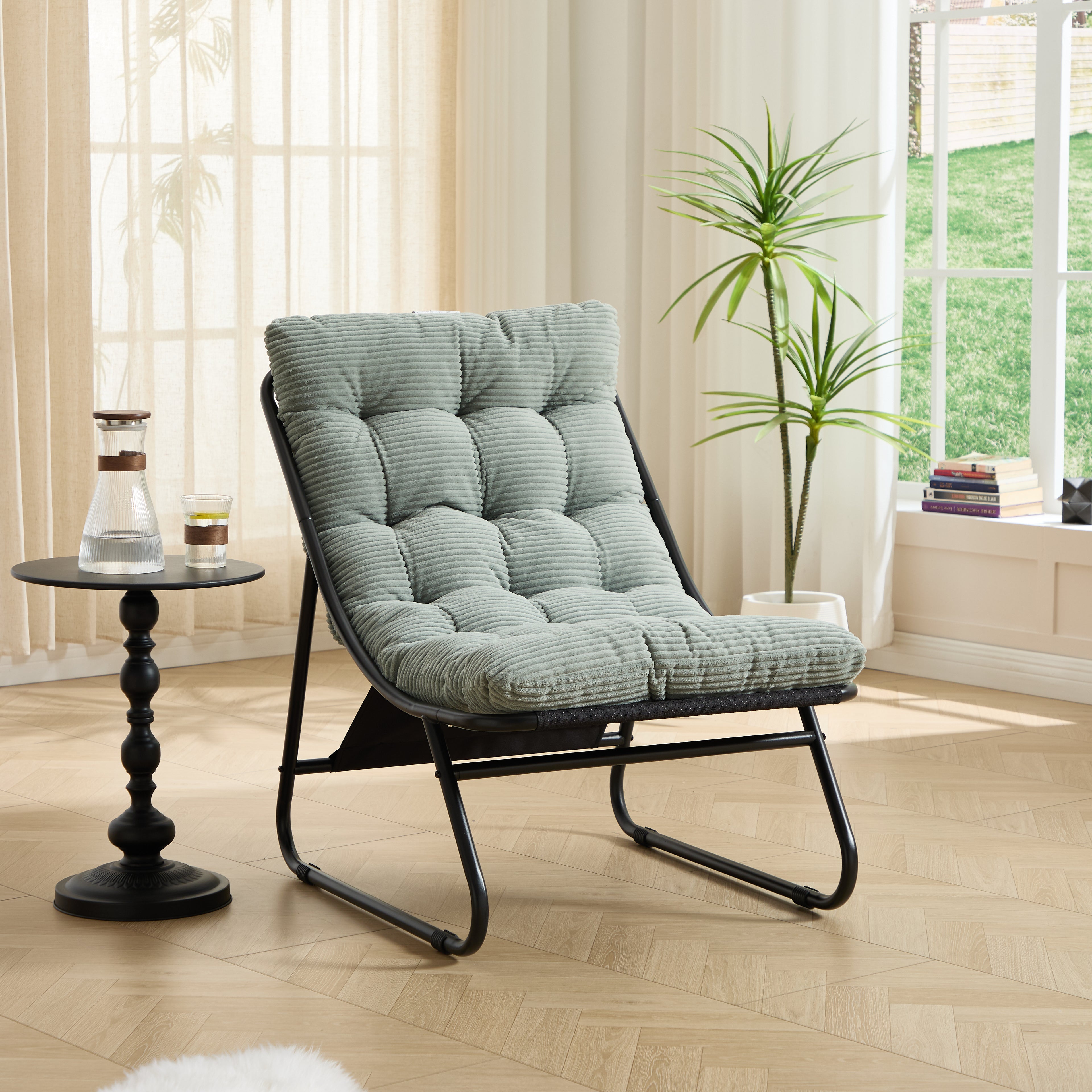 Patio Outdoor Lounge Chair With Ottoman, Comfy Sling Recliner Chair With Puffy Cushion And Foot Stool, Ideal For Living Room, Bedroom, Reading Room, Black Frame With Light Green Cushion