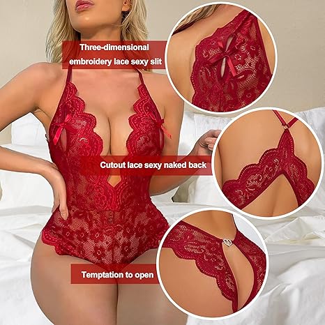 Sexy Lingerie For Women One Piece Bodysuit Deep V Lace Teddy Mini Babydoll Nightgown
