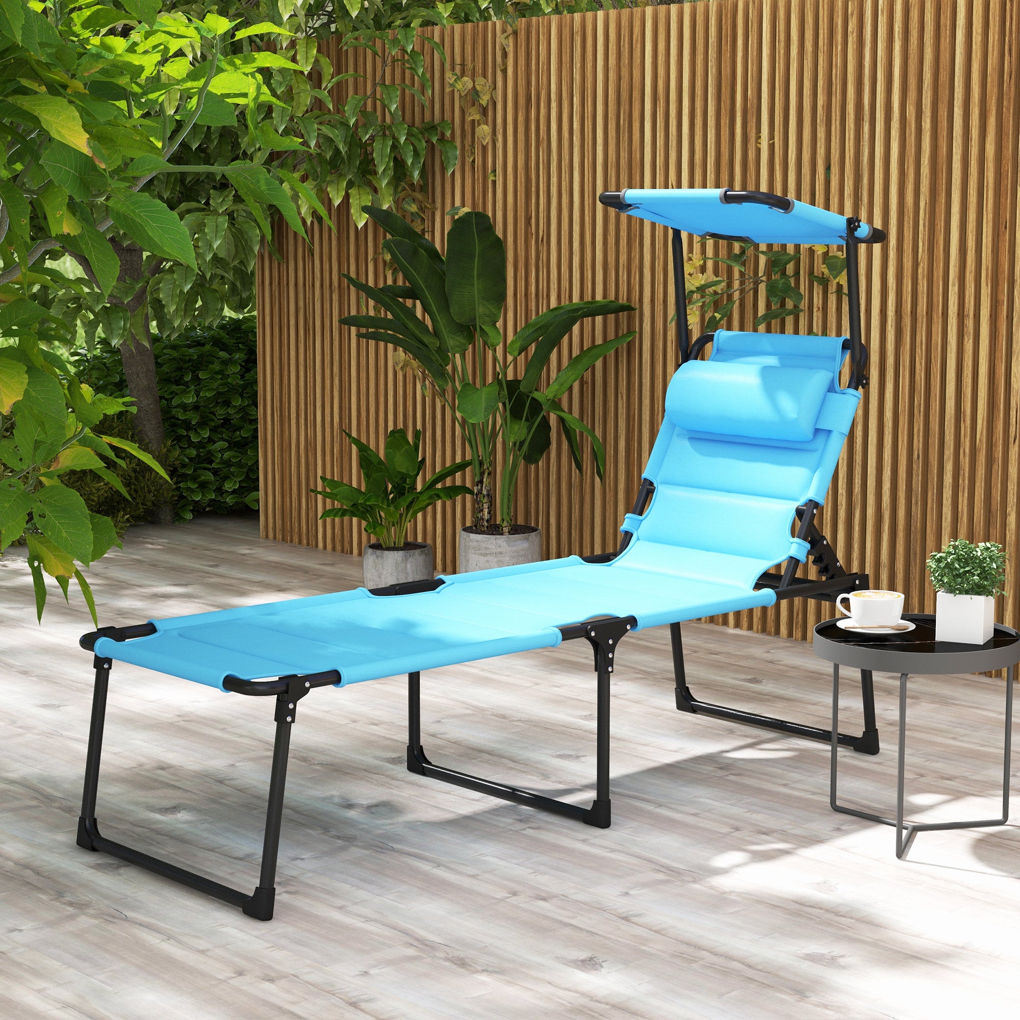 Outdoor Lounge Chair, 4 Position Adjustable Backrest, Folding, Cushioned w/ Sun Shade Roof & Pillow, Blue