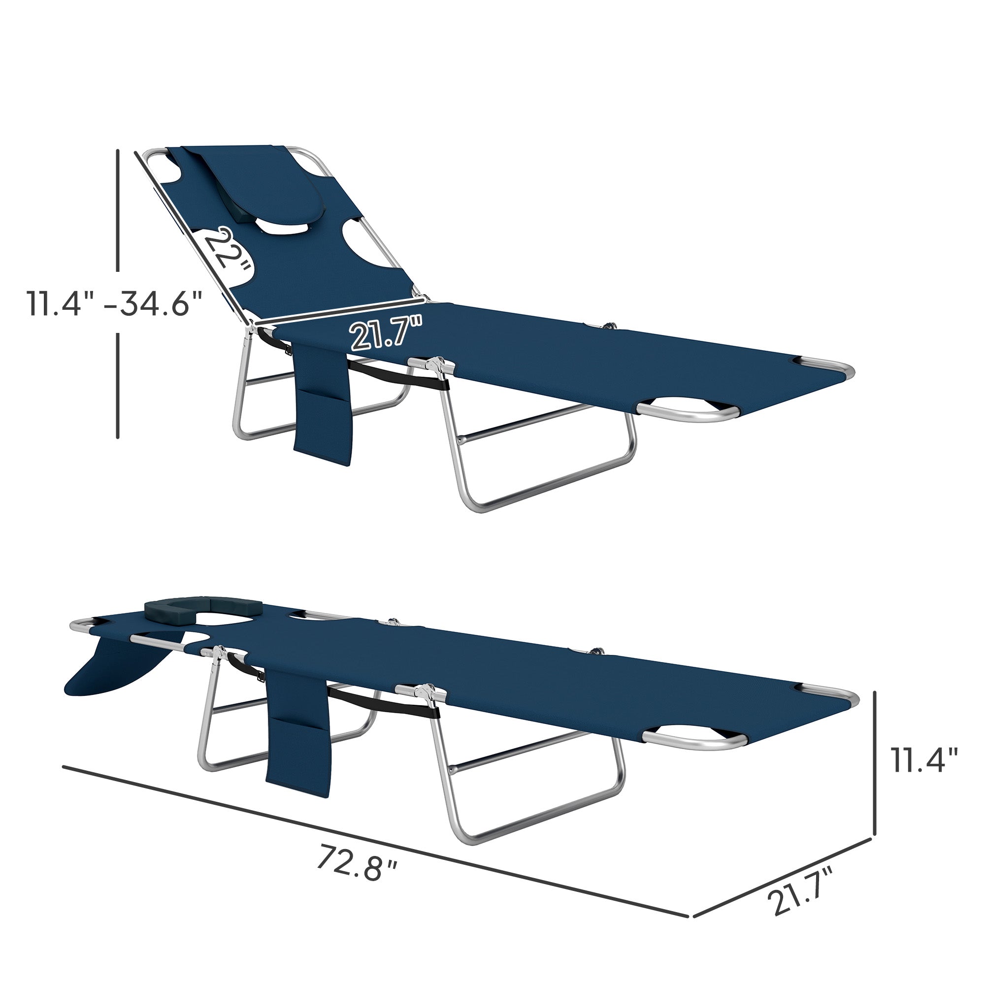 Folding Outdoor Chaise Lounge Sun Tanning Chair with Face Cavity, Pillow, 5-level Adjustable for Beach, Pool, Dark Blue