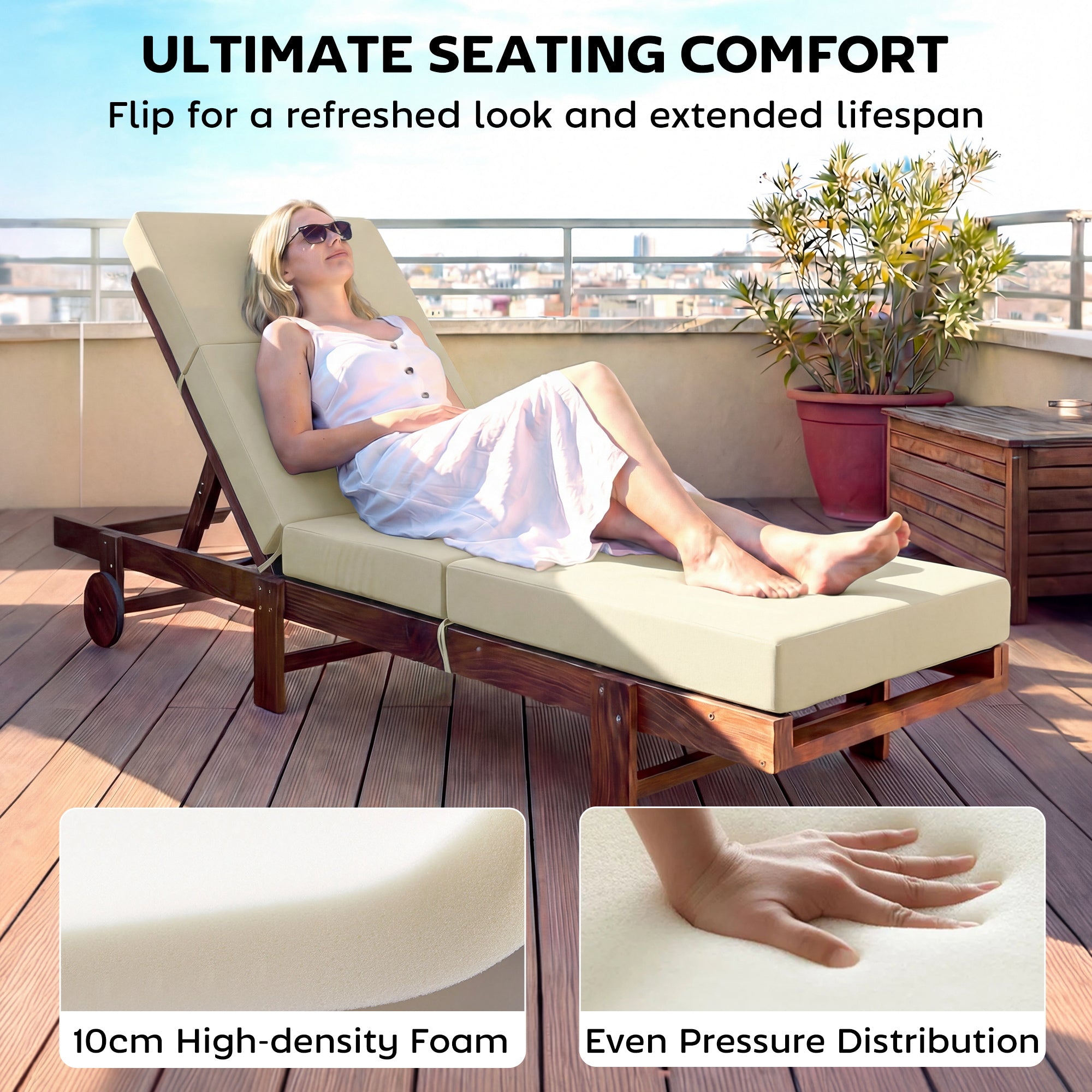 Chaise Lounge Cushion, 4" Thick Outdoor Lounge Chair Cushions with Ties for Patio, 26" x 80 ", Cream White