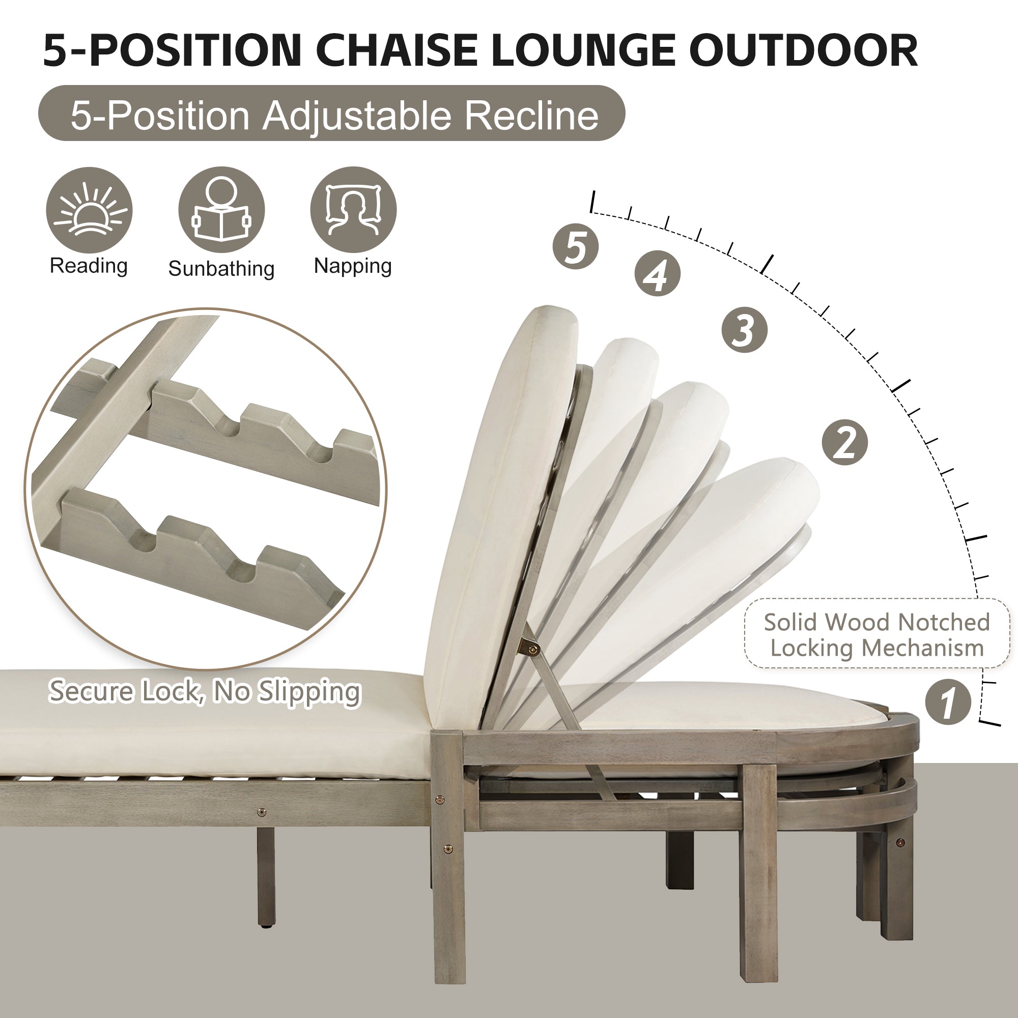TREXM Outdoor Chaise Lounge Premium Acacia Wood Patio Recliner With Arched Backrest 5-Position Adjustable Backrest Outdoor Lounge Chair For Poolside Deck & Lawn Gray