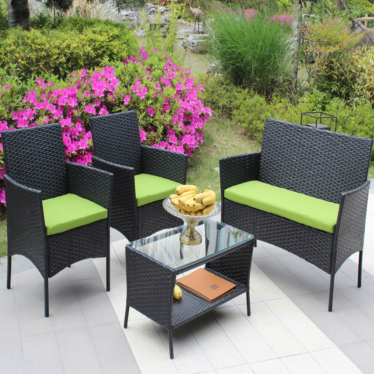 4 PC Rattan Patio Furniture Set with Cushions - Black and Green