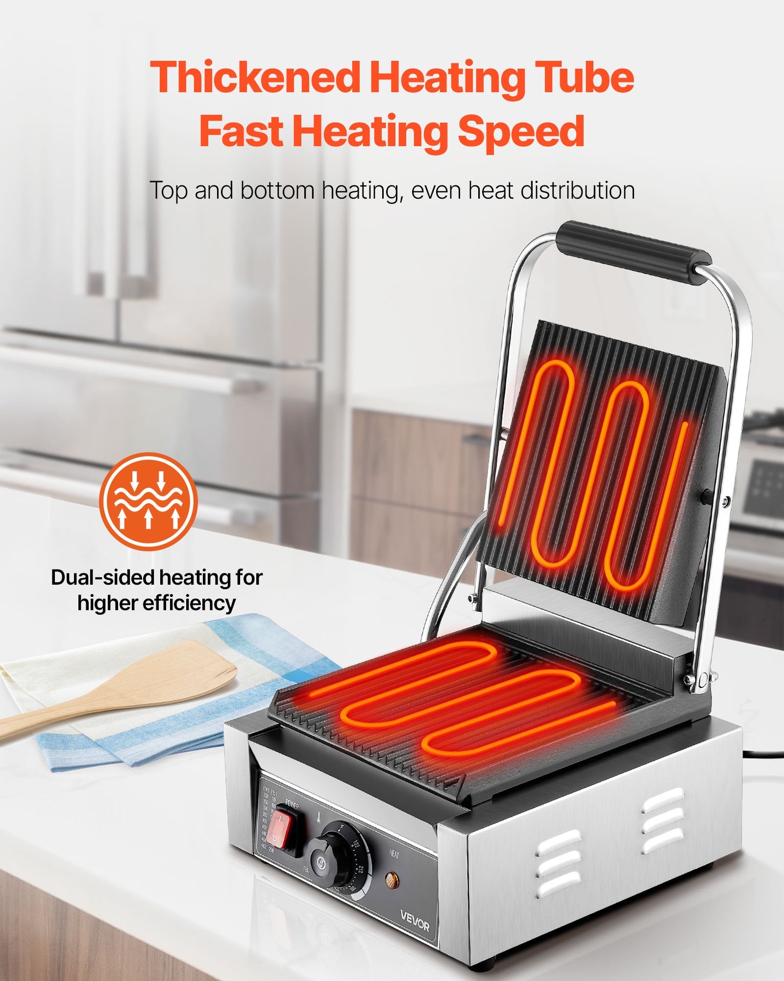 Commercial Panini Grill, 1800W Electric Sandwich Panini Maker, Stainless Steel Sandwichs Press Grill With Handle And Temp Control, 8.8x9 In Full Grooved Enamel Plate For Hamburger Steak Bacon