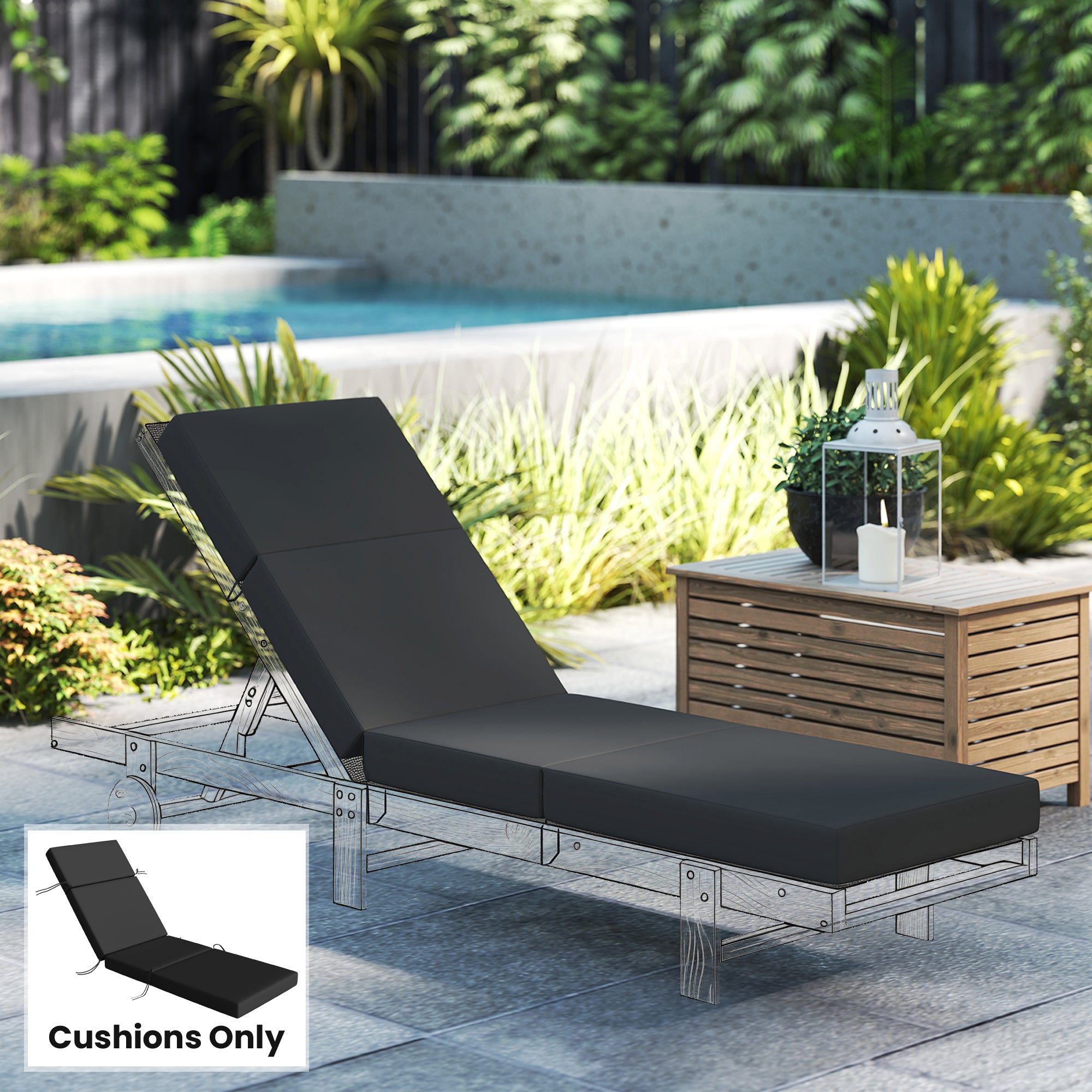 Chaise Lounge Cushion, 4" Thick Outdoor Lounge Chair Cushion with Ties for Patio, 21" x 72 ", Gray