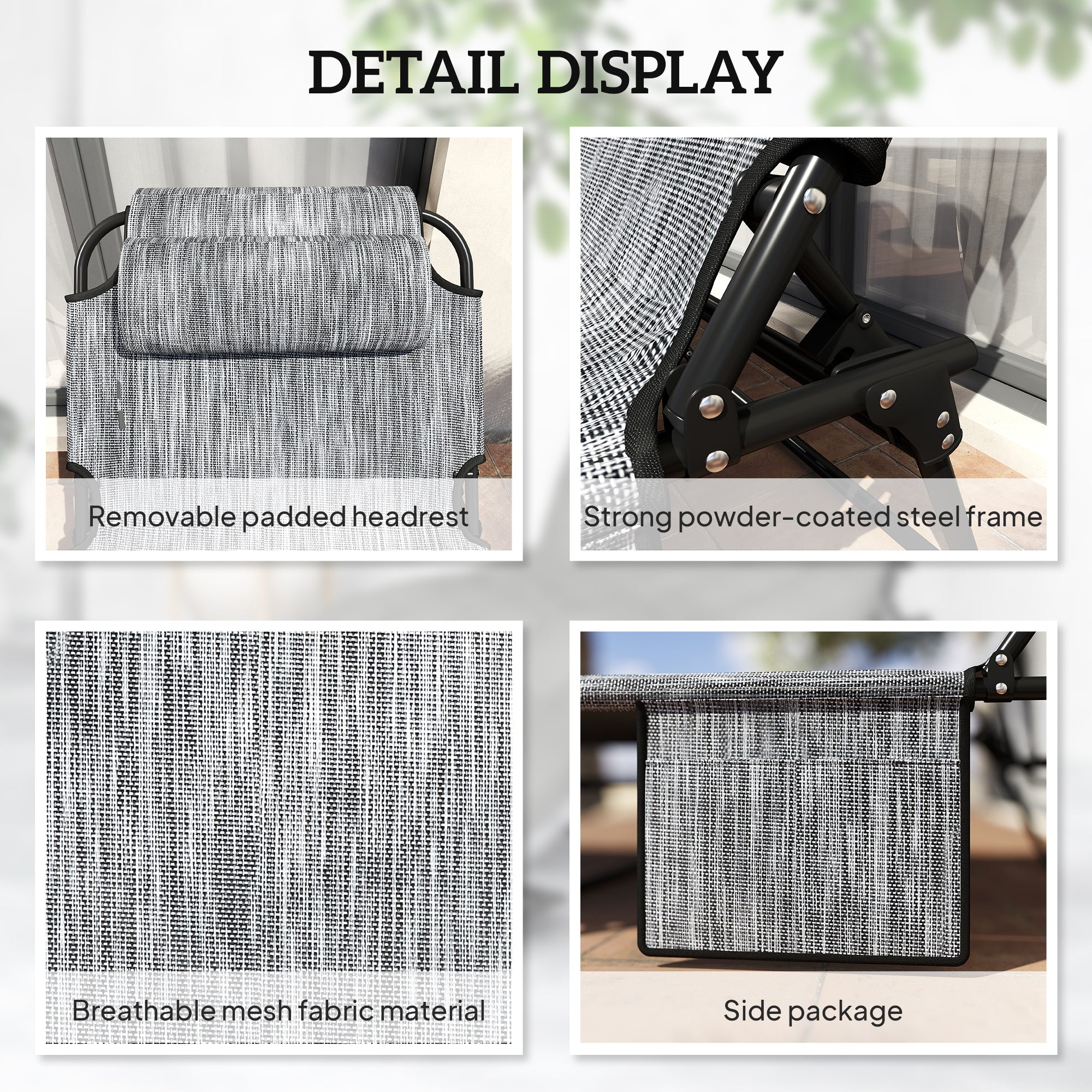 Folding Chaise Lounge Pool Chair with 4-level Reclining Back, Cushion, Side Pocket, Headrest, Gray