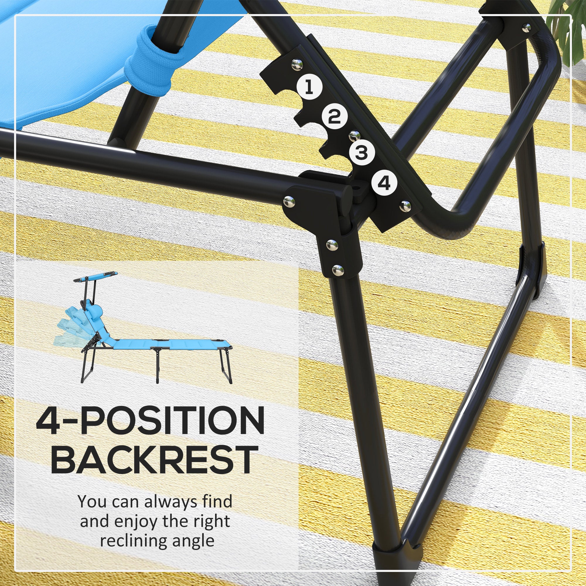 Outdoor Lounge Chair, 4 Position Adjustable Backrest, Folding, Cushioned w/ Sun Shade Roof & Pillow, Blue