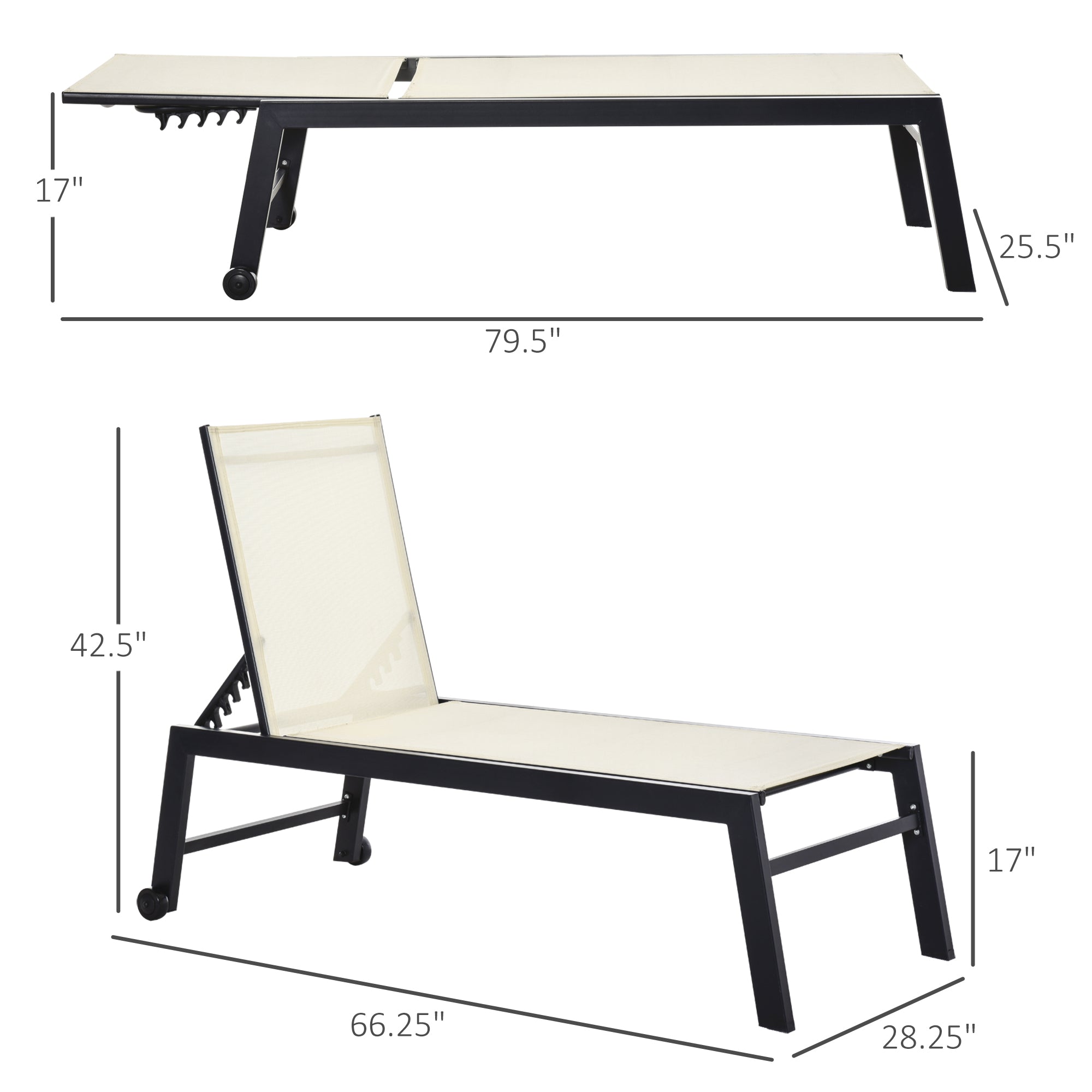 Outdoor Chaise Lounge with Wheels, Five Position Recliner for Sunbathing, Suntanning, Steel Frame, Breathable Fabric for Beach, Yard, Patio, Cream White
