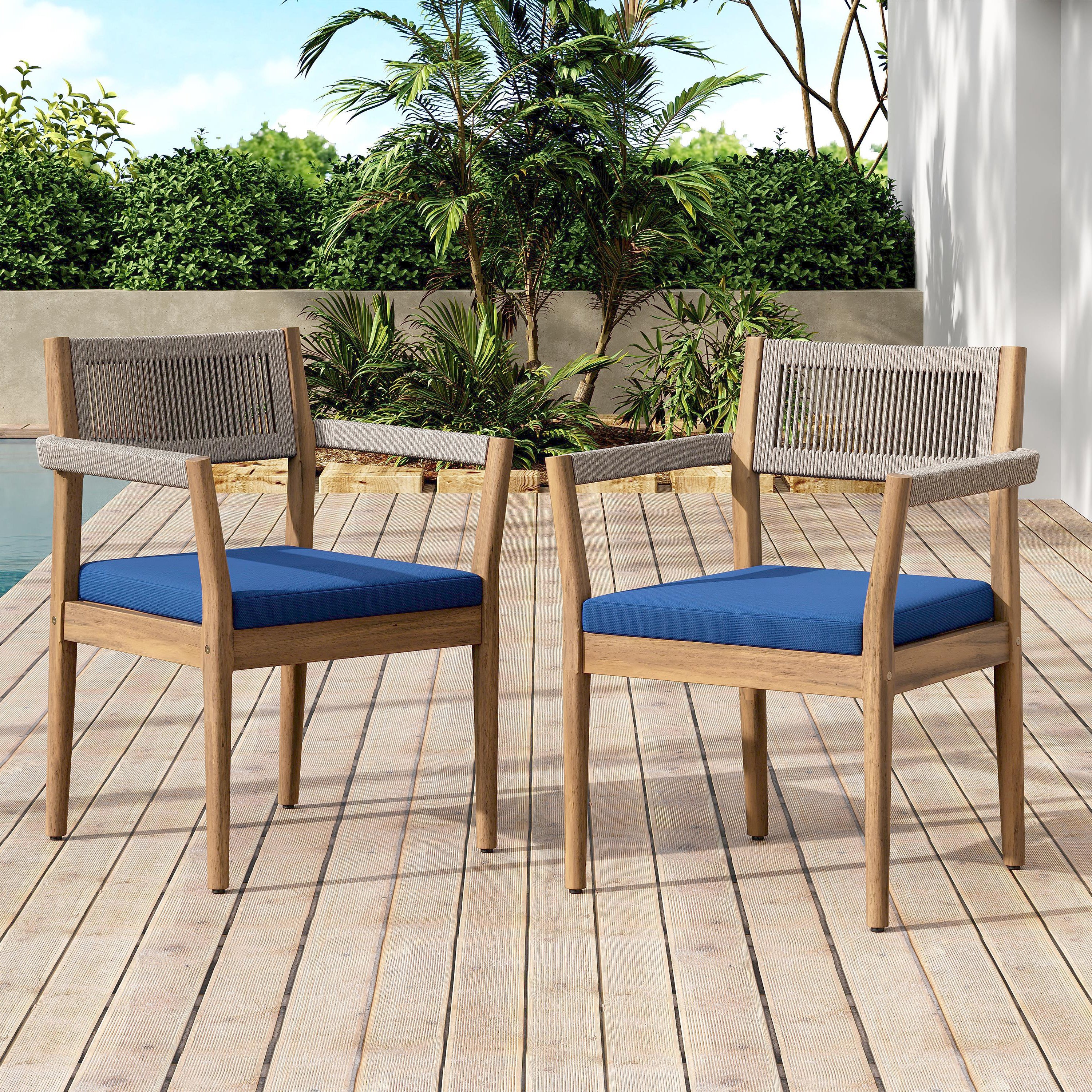 Braided Acacia Wood Outdoor Dining Chairs Set Of 4 -Teak Look With Beige Rope & Navy Cushions,All-Weather Patio Furniture For Garden, Poolside, And Backyard Durable & Stylish