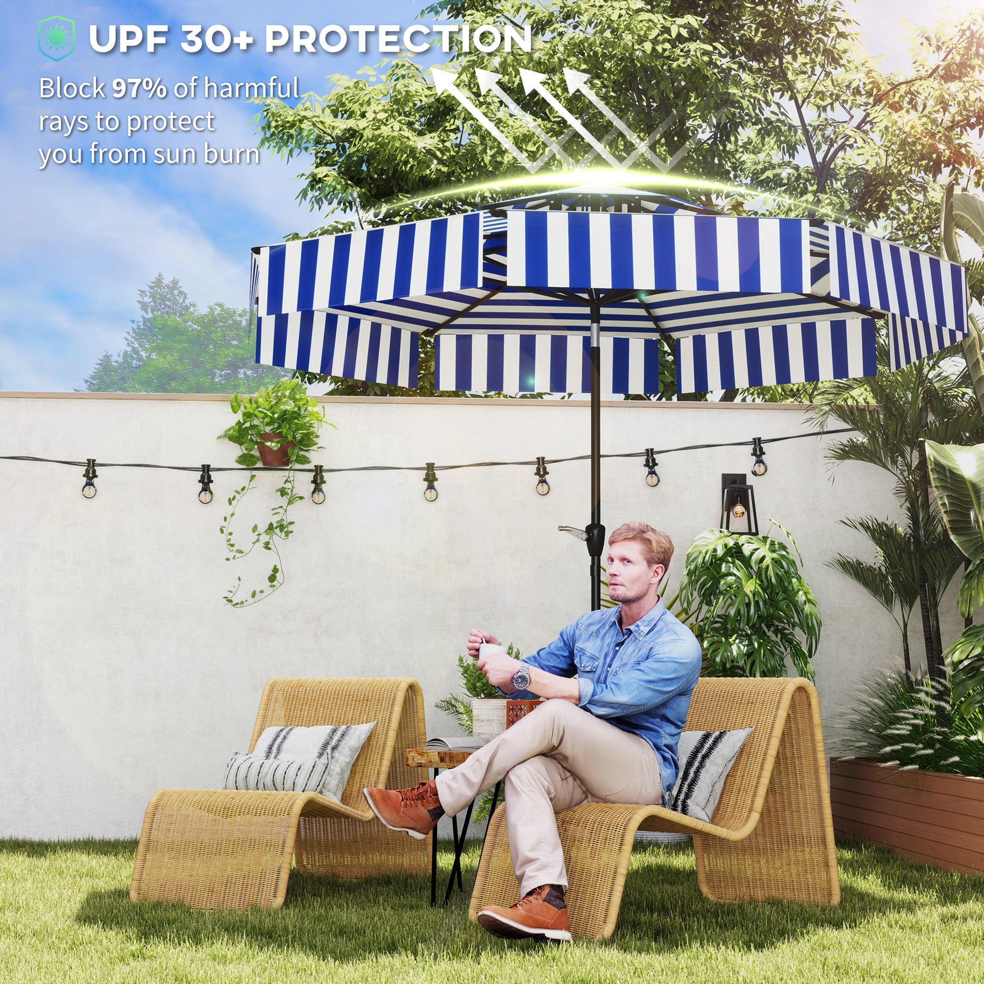 8.6FT Patio Umbrella, Outdoor Market Umbrella, 2-Tier Vented Patio Table Umbrella With Crank 8 Ribs, Tiltable Porch Umbrella For Garden Deck Poolside, Navy Blue