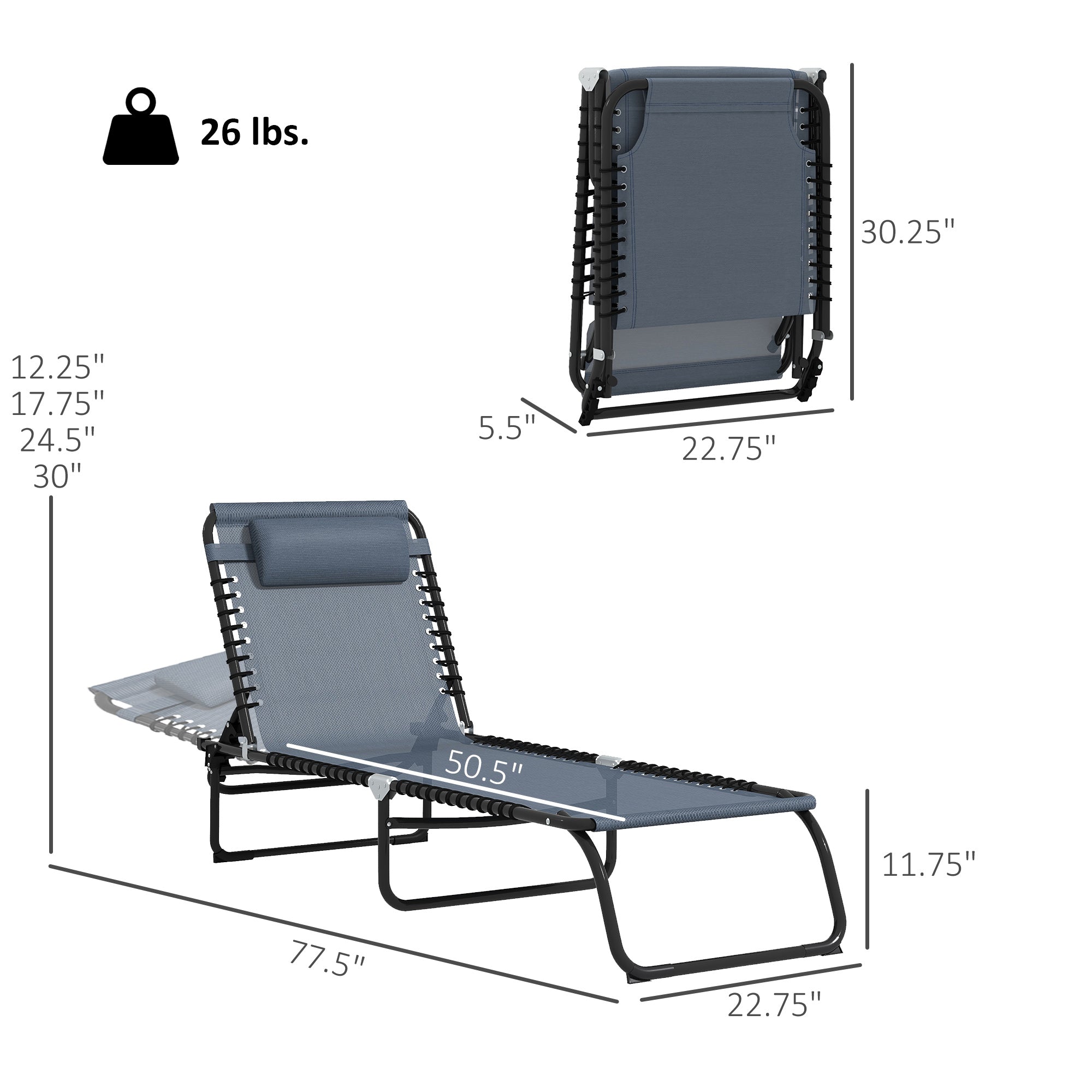 2 Folding Chaise Lounge Pool Chairs with 4-Position Reclining Back, Pillow, Breathable Mesh & Bungee Seat, Gray
