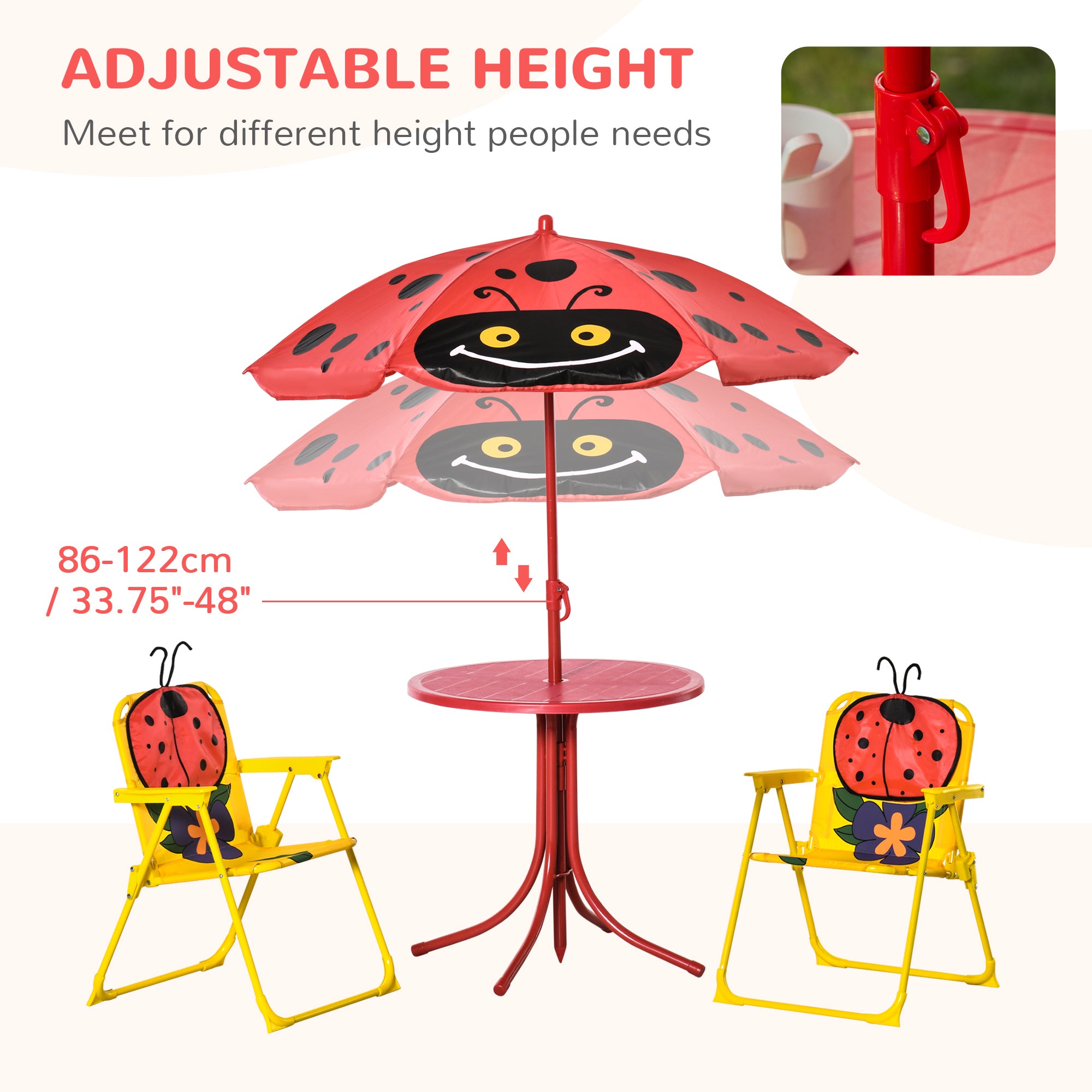 Kids Table and Chair Set, Outdoor Folding Garden Furniture, Picnic Table for Patio Backyard, with Removable & Height Adjustable Sun Umbrella, Aged 3-6 Years Old, Red