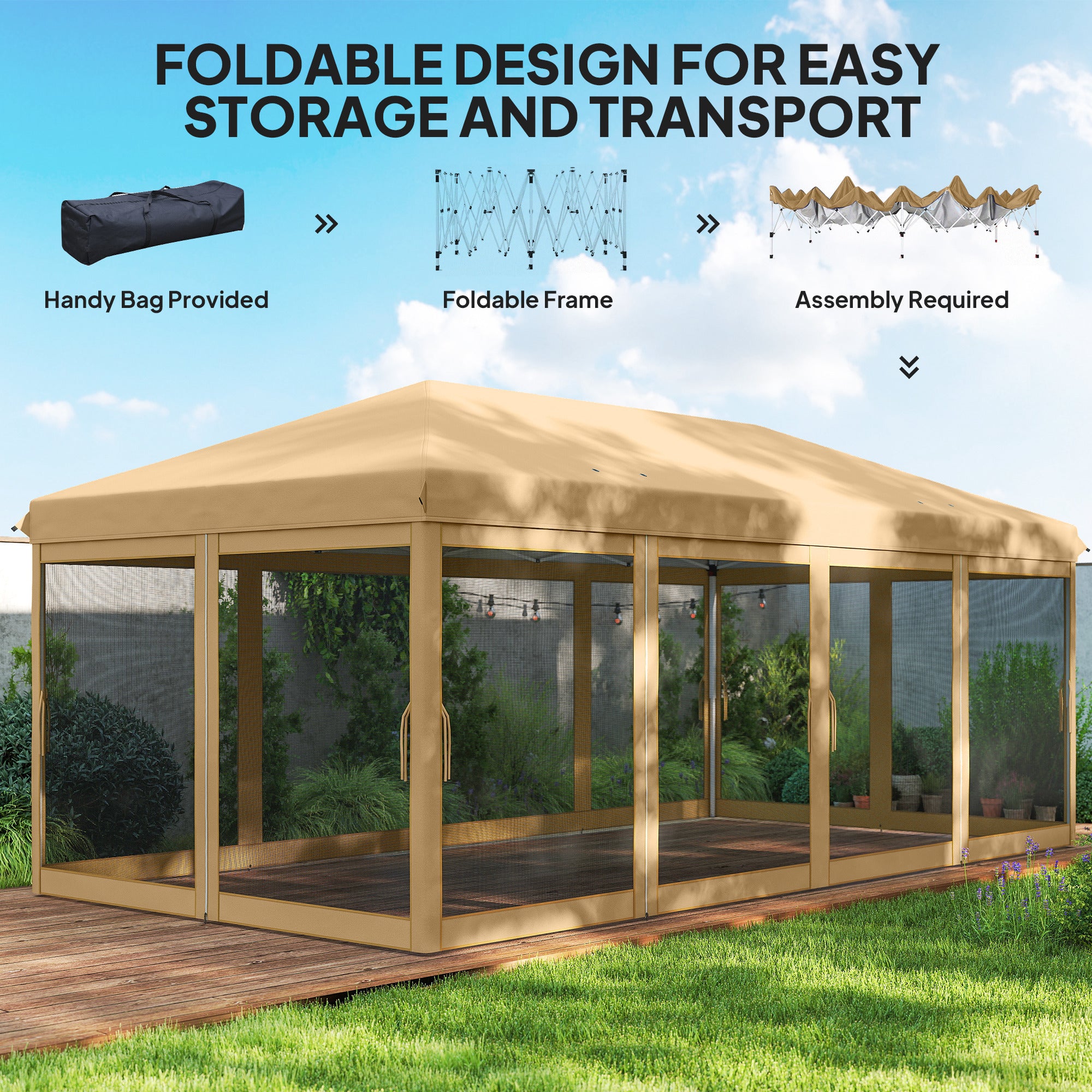10โ x 20โ Pop Up Canopy Tent with Netting, Heavy Duty Instant Sun Shelter, Large Tents for Parties with Carry Bag for Outdoor, Garden, Patio, Beige