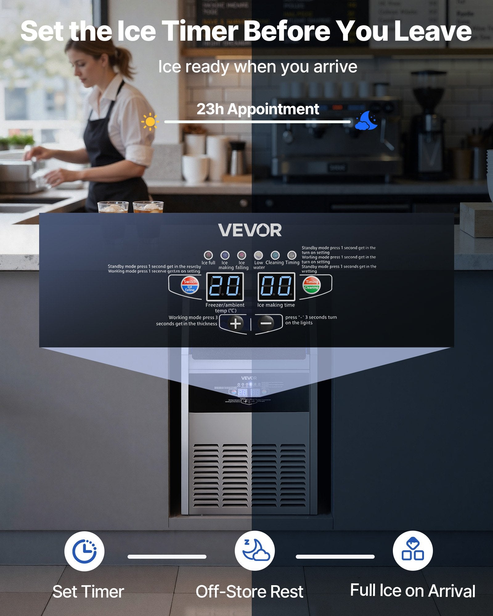 Commercial Ice Maker Machine, 130 Lbs/24h With 30 Lbs Storage Capacity, Built-in/Freestanding/Under Counter, Stainless Steel Ice Maker With LED Display & Self-Cleaning, For Home Bar Restaurant