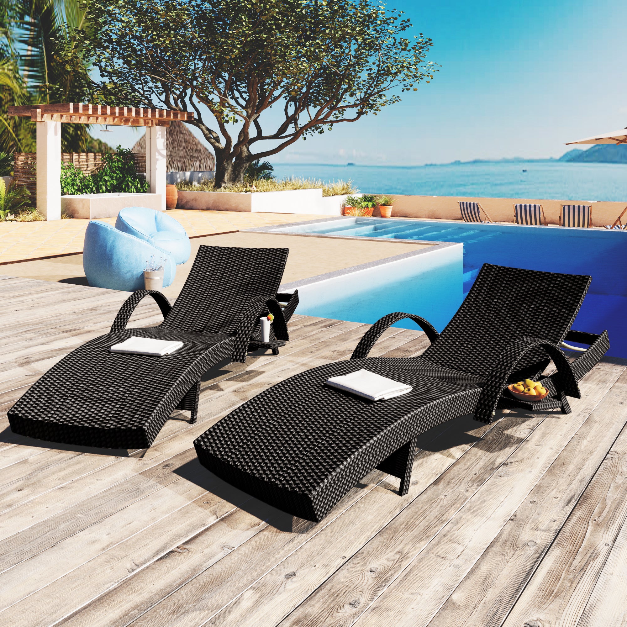 K&K 80in Outdoor Wicker Chaise Lounge Chairs Set Of 2, Patio Rattan Reclining Chair Pull-out Side Table W 5-Level Adjustable Backrest Ergonomic Wave Design Pool Sunbathing Recliners, Black