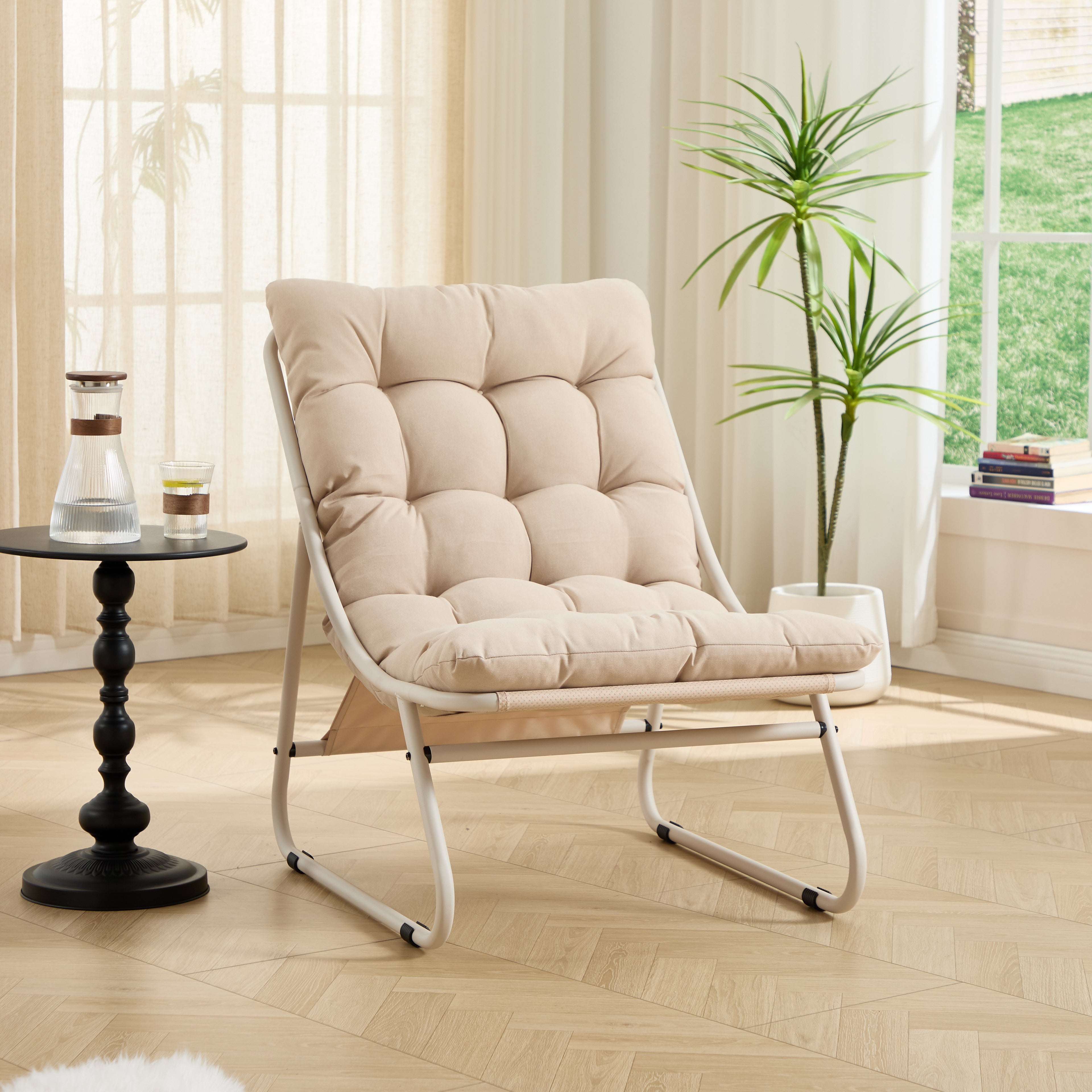 Patio Outdoor Lounge Chair With Ottoman, Comfy Sling Recliner Chair With Puffy Cushion And Foot Stool, Ideal For Living Room, Bedroom, Reading Room, Beige Frame With Beige Cushion