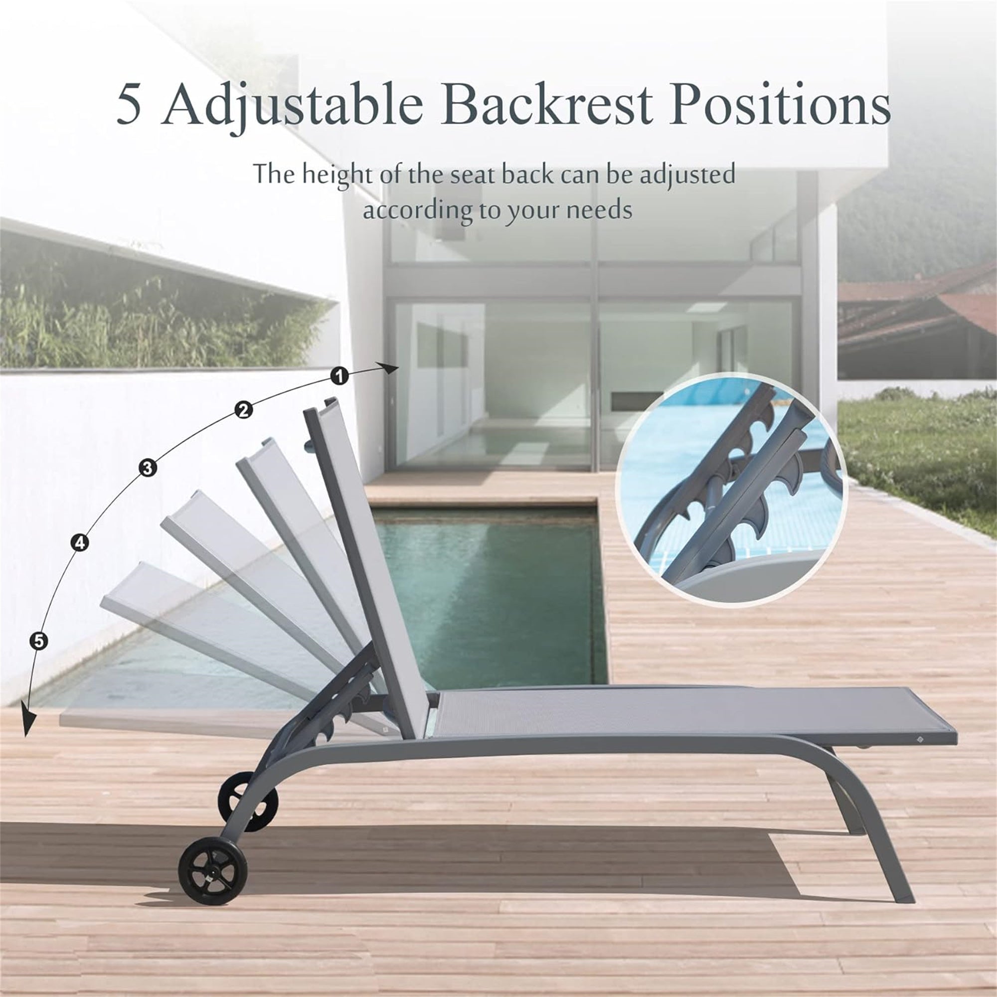 Chaise Lounge Outdoor Set Of 2, Lounge Chairs For Outside With Wheels, Outdoor Lounge Chairs With 5 Adjustable Position, Pool Lounge Chairs For Patio, Beach, Yard, Deck, Poolside Grey,2 Lounge Chairs