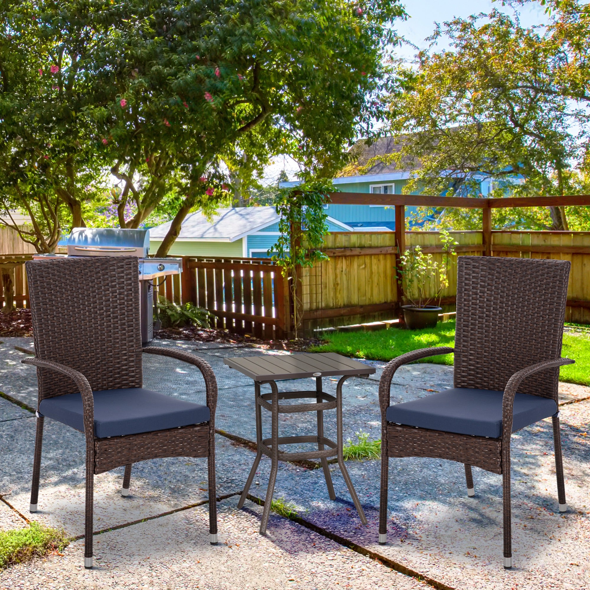 Stackable PE Rattan Outdoor Dining Chairs With Cushion, Patio Wicker Dining Chair With Armrests & Backrest, Blue