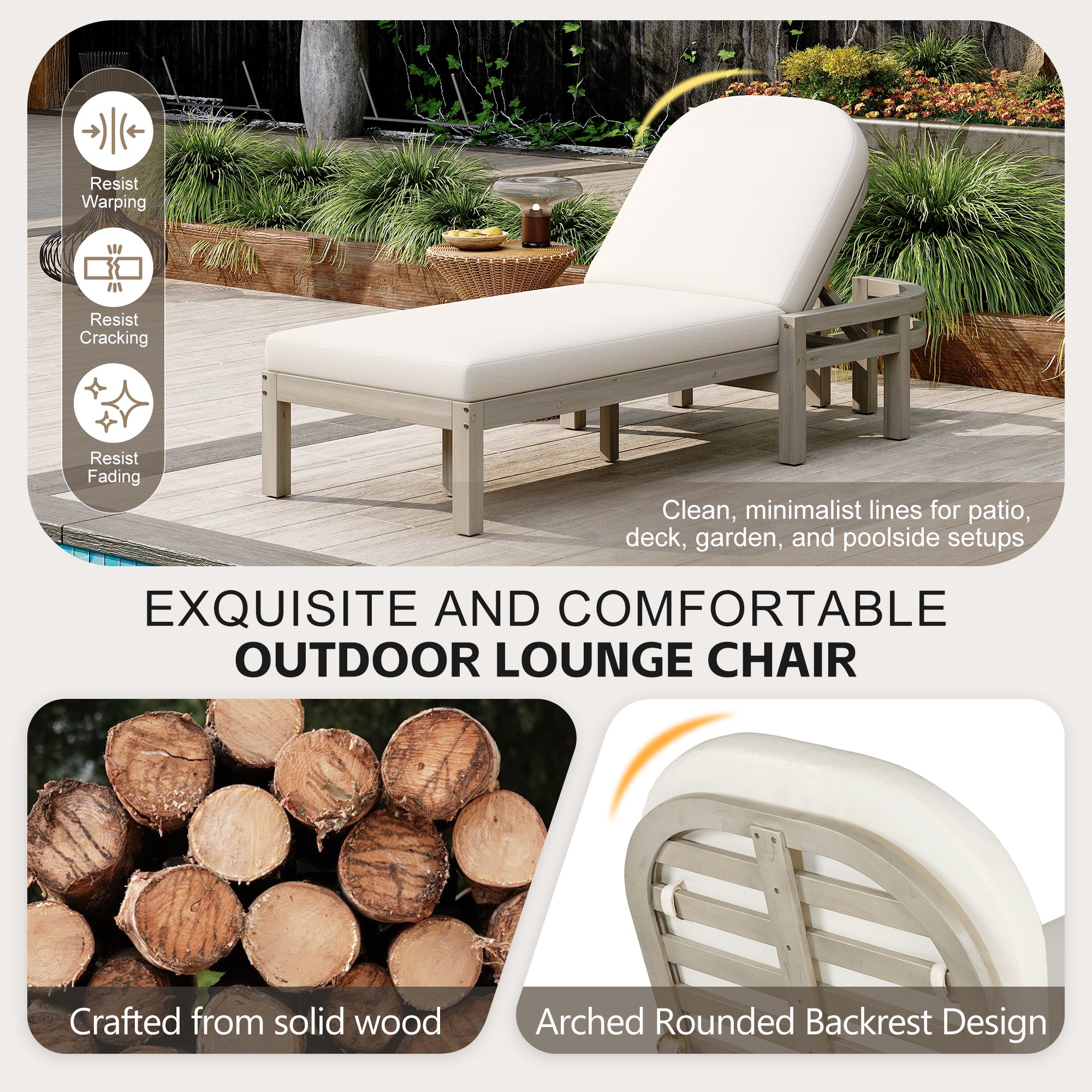 TREXM Outdoor Chaise Lounge Premium Acacia Wood Patio Recliner With Arched Backrest 5-Position Adjustable Backrest Outdoor Lounge Chair For Poolside Deck & Lawn Gray