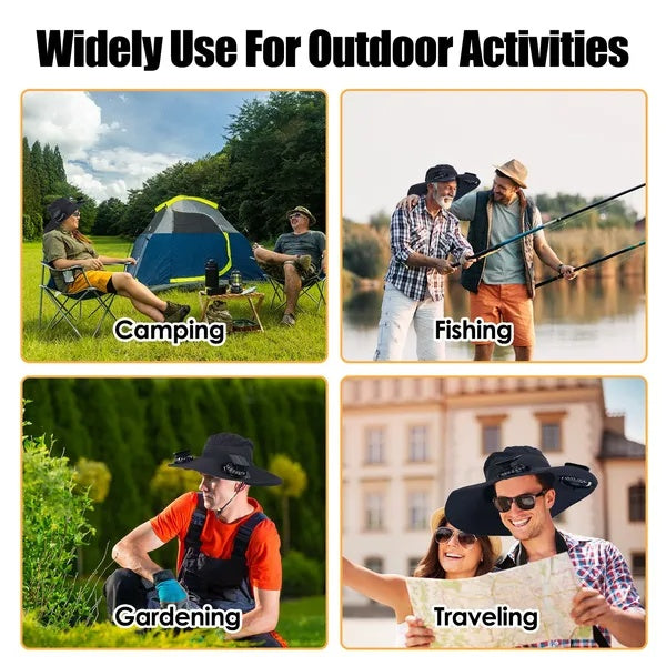 Outdoor Wide Brim Sun Hat With 2 Rechargeable Fans Solar Powered 3 Wind Speeds UPF50 Breathable Waterproof Nylon Mesh Outdoor Hat For Hiking Camping Hunting Fishing