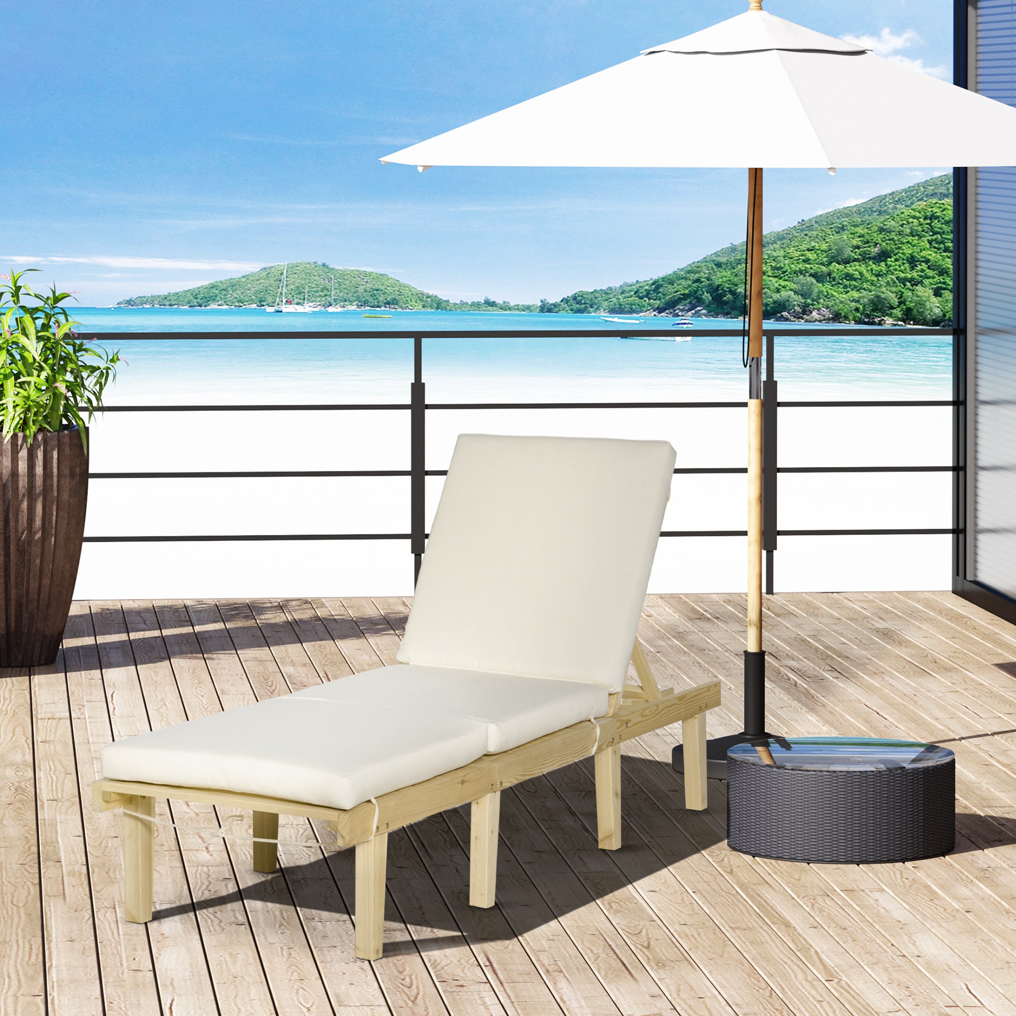 Chaise Lounge Chair For Outdoor, Wood Outdoor Chaise Lounge With 4-Position Adjustable Backrest And Cushion, Reclining Beach Lounge Chair For Deck, Pool, Lawn And Sunbathing, Natural